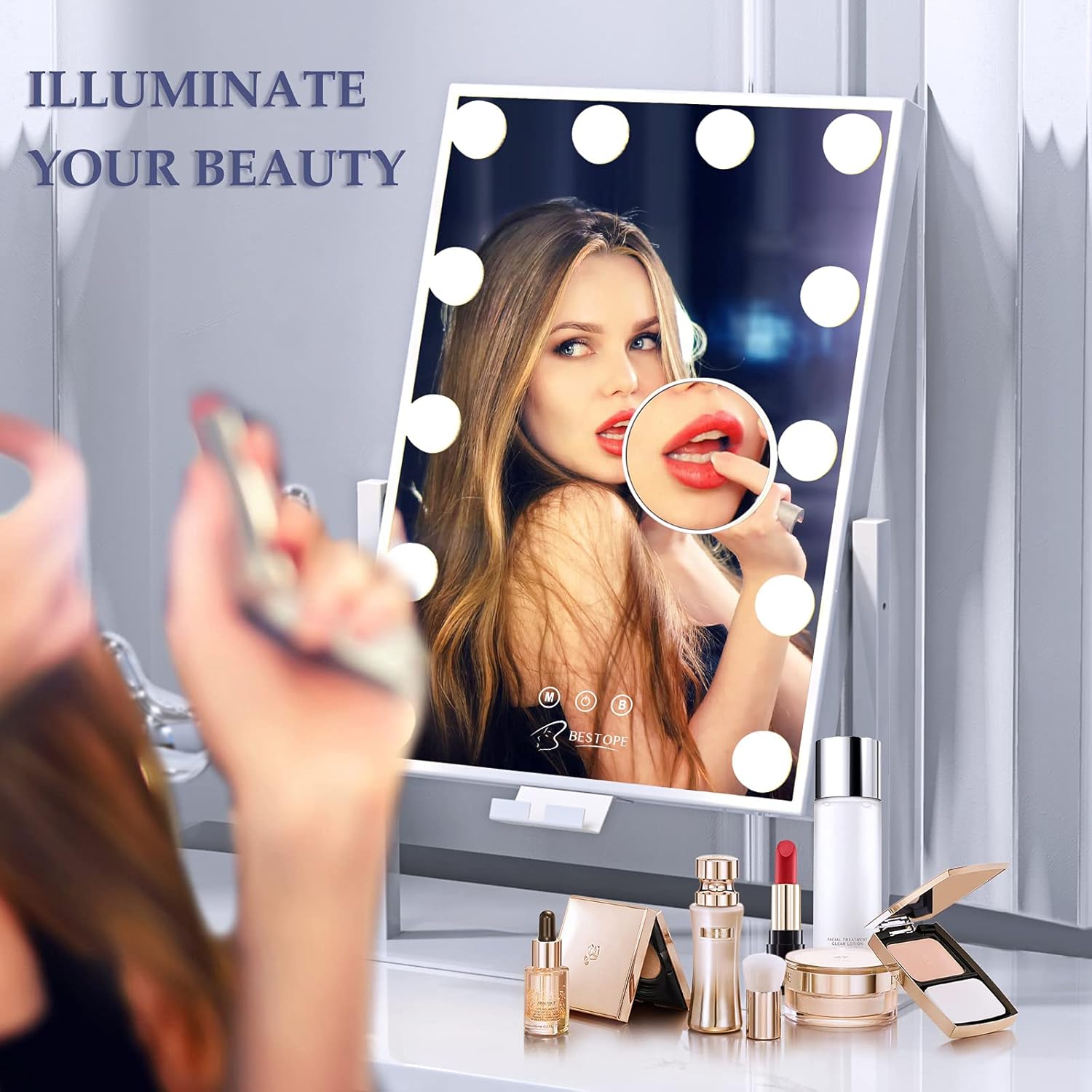 Vanity Mirror with Lights Hollywood Mirror Lighted Makeup Mirror with Phone Holder,3 Color Lighting Modes Detachable 10X Magnification Mirror,14x21 Inch,Touch Control,360°Rotation : Beauty & Personal Care