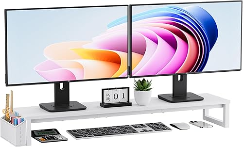 Soporte elevador de monitor doble, soporte de madera extra largo de 41.5 pulgadas, organizador de escritorio con bolsillo lateral, elevador de