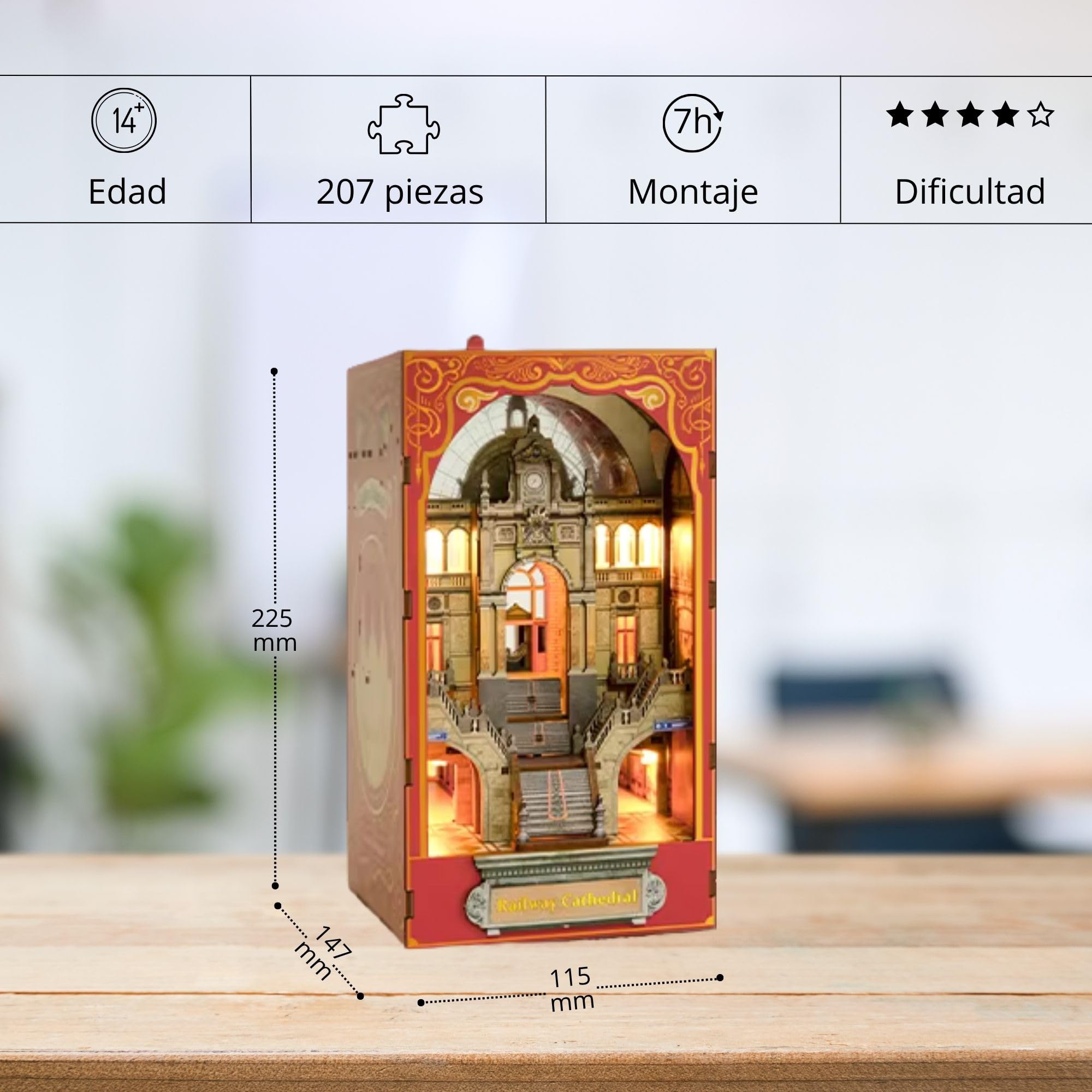 Kit Book Nook – Único maqueta de 2 caras – Casa Miniatura de montaje – Catedral y estación – Invernadero – Kit de modelado de madera con luz LED Casa de muñecas
