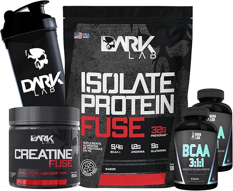 Whey Isolate Protein Fuse (Chocolate com Amendoim) + Creatina Fuse 150g + 2x BCAA 60 Capsulas + Coqueteleira 700ml Dark Lab | Ganho de Massa Muscular