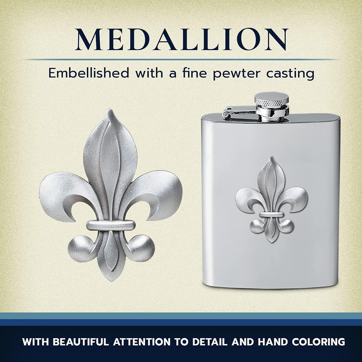 Heritage Pewter Fleur de Lis Flask | 8 Ounce Liquor Flask Container - Stainless Steel | Intricately Crafted Metal Pewter Fleur de Lis Inlay