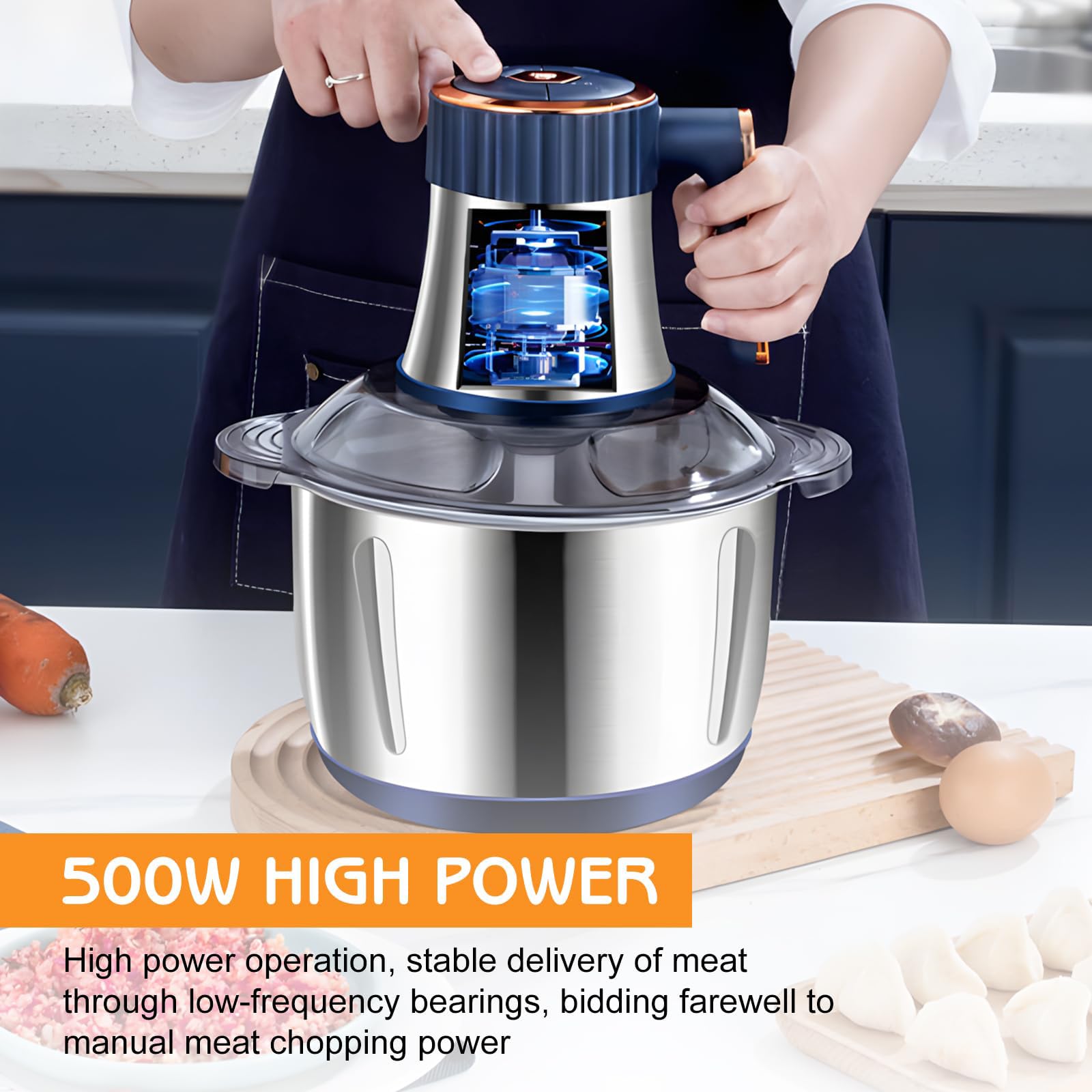 Tritatutto elettrico con ciotola in acciaio inox da 5 l e 2 lame girevoli a 6 lati, tritacarne elettrico da 500 W, 5 velocità, tritacarne universale, grande tritatutto per carne, frutta, verdura