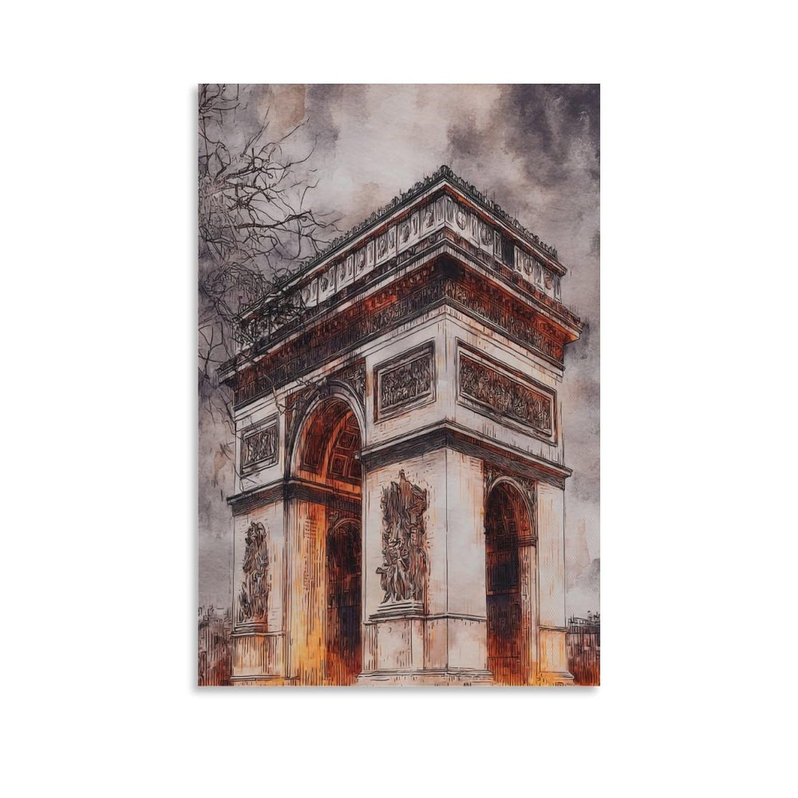 CNAHEIZ Paris France Arc De Triomphe 24x36inch(60x90cm) Vintage Travel Poster Watercolor Canvas Art