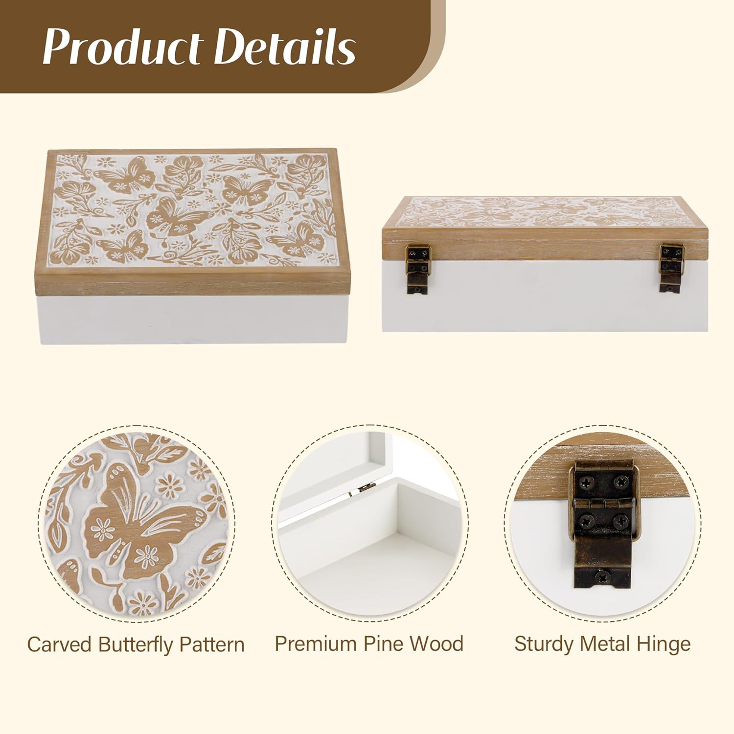 Wooden Keepsake Box - Decorative Wood Boxes with Hinged Lid, Butterfly Engraved Design, 10.24" W