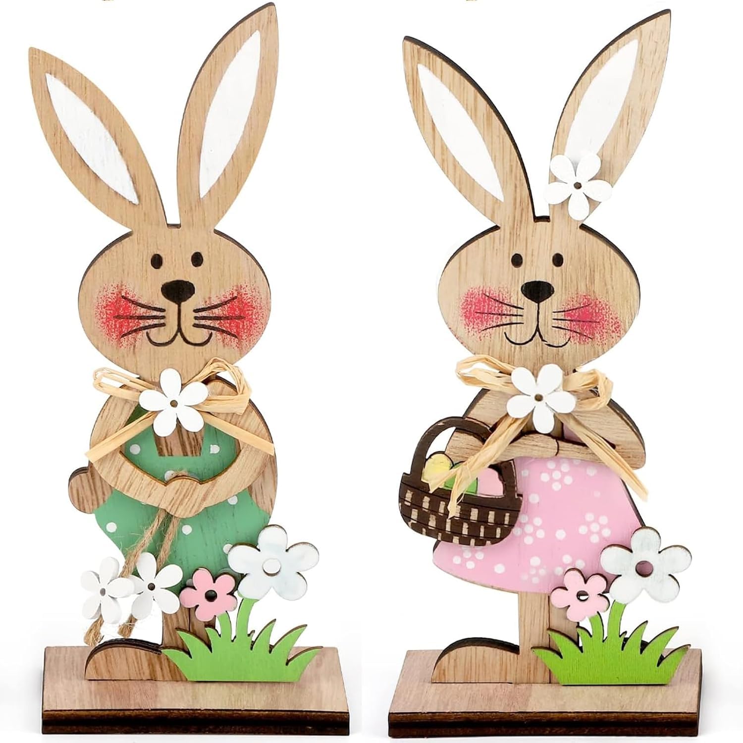 kaiwern Easter Wooden Bunny Standing Tabletop Ornament Rabbit Sign Tabletop Ornament Rabbit Ornament Bunny Spring Decor Easter Wood Tabletop Ornament (A-2pcs) (Pink+Green)