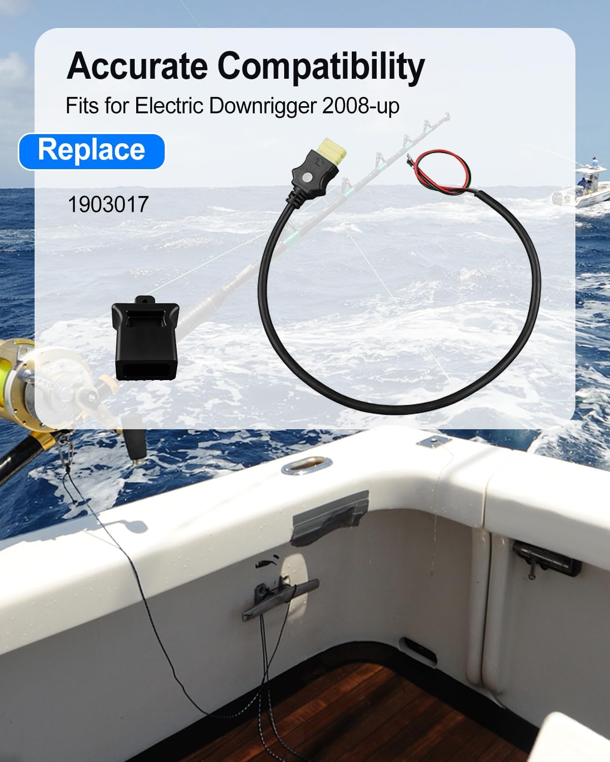 1903017 Downrigger Battery End Cable Replacement, 3FT 12V 30 Amp Power Cord Compatible with Electric Downrigger 2008-up, Waterproof Marine Cable with Anti-Corrosion End Cap