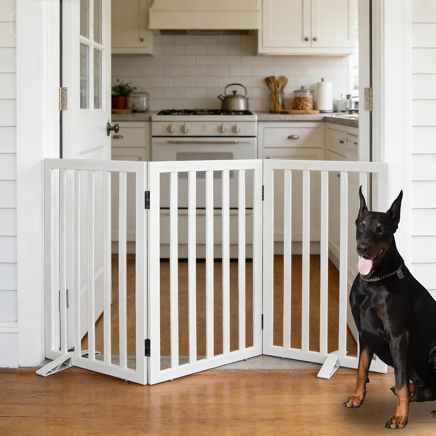 Dog Gate Indoor, Freestanding Dog Fence for The House, Doorways, Hallways,or Stairs,Pet Gate Foldable Wooden,Expandable 32 Height 3 Panels,White