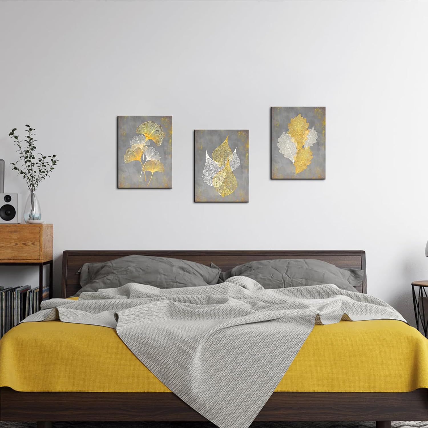Conipit Grey and Yellow Canvas Wall Art Abstract Leaf Painting Botanical Pictures Minimalist Artwork Prints for Office Bedroom (12''X16''X3PCS)