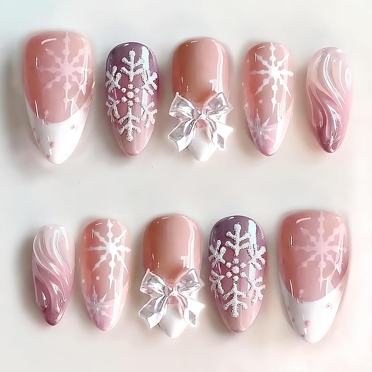 24Pcs Christmas Press on Nails Short Almond Snowflake Fake Nails White French Tip Nails Press ons with 3D Bow Charm Designs Glossy Pink Acrylic Nail Winter Holiday Glue on Nail for Women Nail Decor