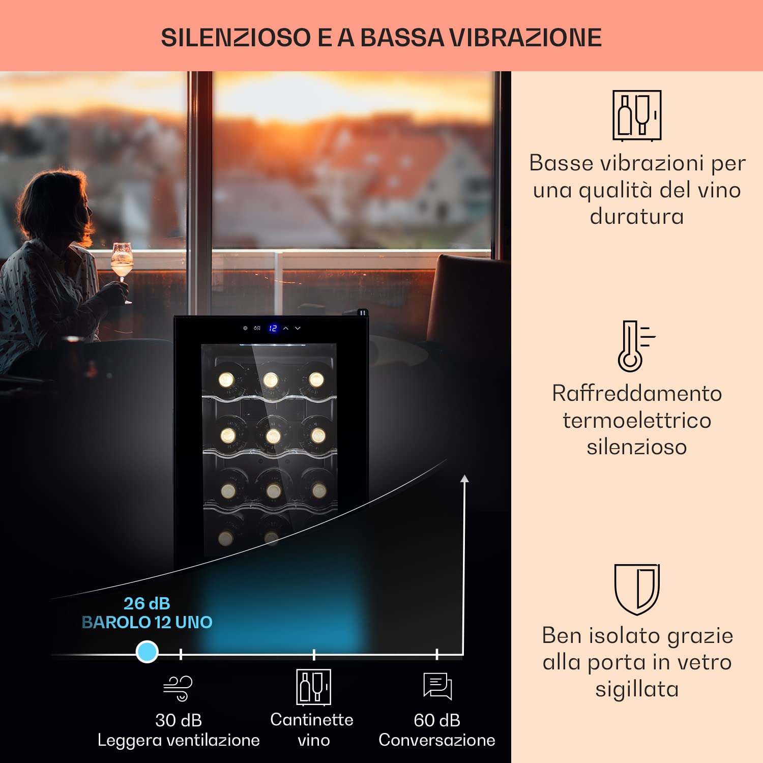 KLARSTEIN Cantinetta Vino, Cantinetta Vino Refrigerata a Zona Singola per Interno/Esterni, Frigo Bar, Cantina Vino con Vetrina, Mini Bar con Protezione UV, Frigo Vino Touch 15-18°C 12 Bottiglie