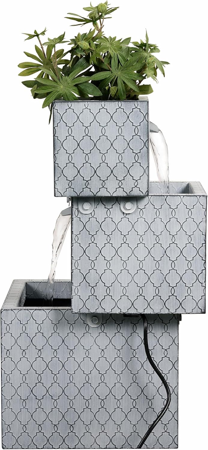 Rectangle 3 Tier Metal Fountain with Planter and LED Lights - Outdoor