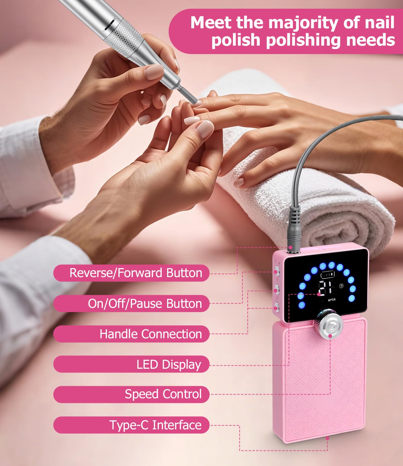 Bixury Lima Electrica Uñas Pulidor Lima Electrica Lima Electrica Uñas Portatil Drill para Uñas Profesional Torno Pedicura 50000RPM Velocidad Ajustable con Pantalla LCD para Manicura y Pedicura