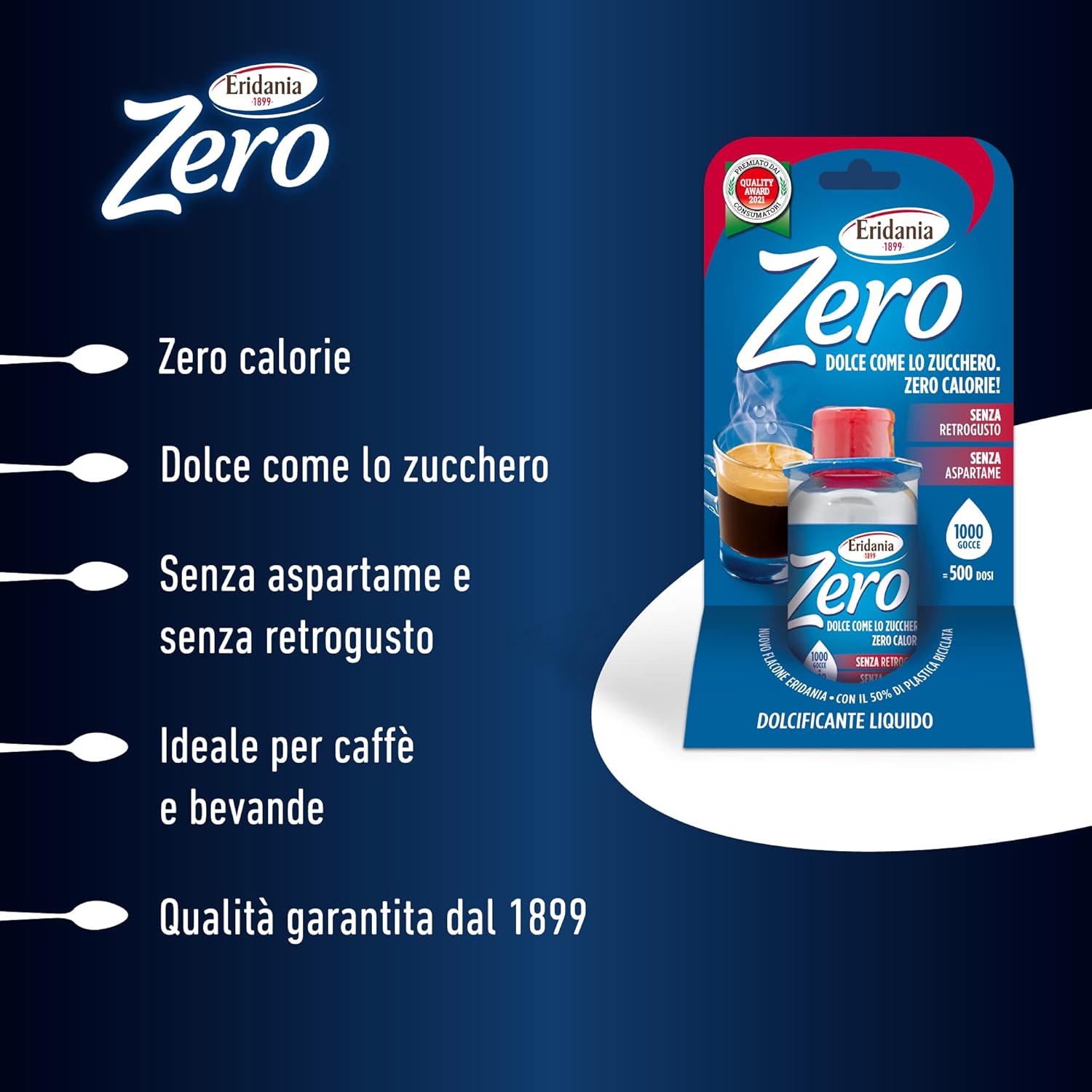 Eridania - Eridania Zero, Dolcificante Liquido da 50ml, Comodo Flaconcino da Portare con Te da 500 Dosi, 2 Gocce Equivalgono ad 1 Dose, Comodo Tappo Salvagocce Apri&Chiudi Integrato 50 ml (Confezione da 1) Single - Immagine 2