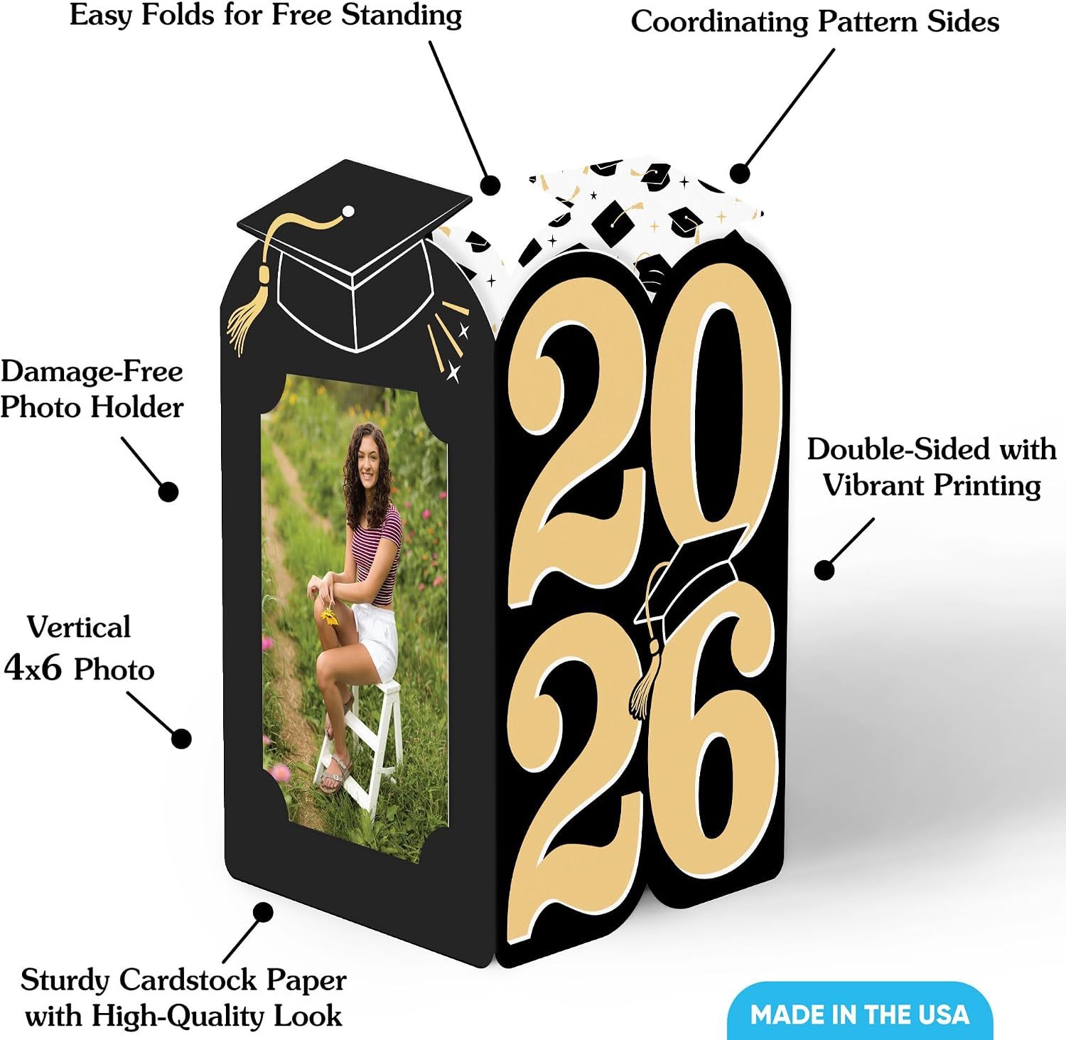 Big Dot of Happiness Black & Gold 2026 Graduation Photo Holder Centerpieces, 4x6 Picture Display Box, Table Decoration Centerpiece for Grad Party Decor, 8 Count