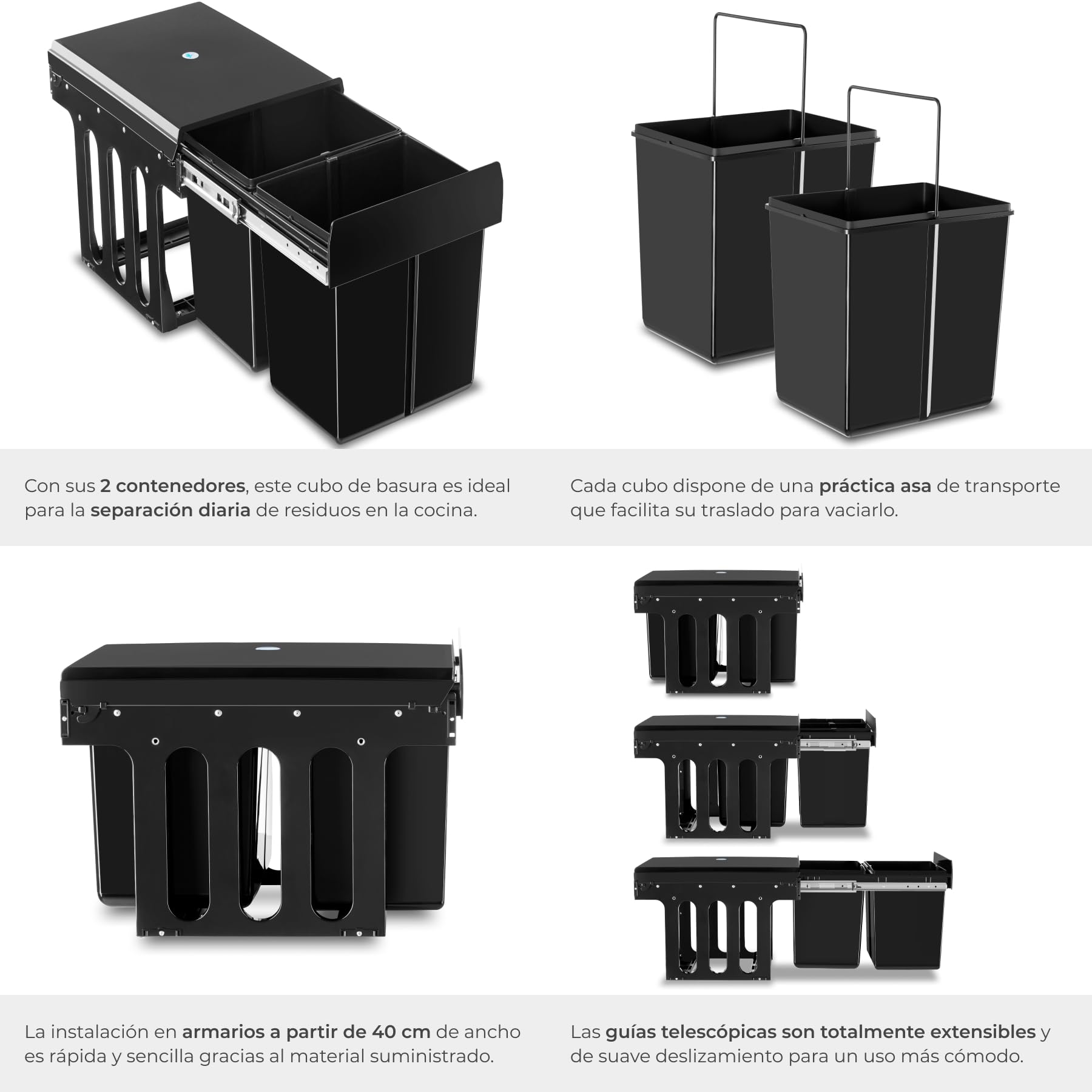 tectake® Cubo de Basura Extraíble, Triple, 30L, Papelera Cocina con Guías Telescópicas, 2 Contenedores Separados para Reciclaje, Cubo Basura Cocina, Fácil Montaje, Material Resistente - 2x 15L