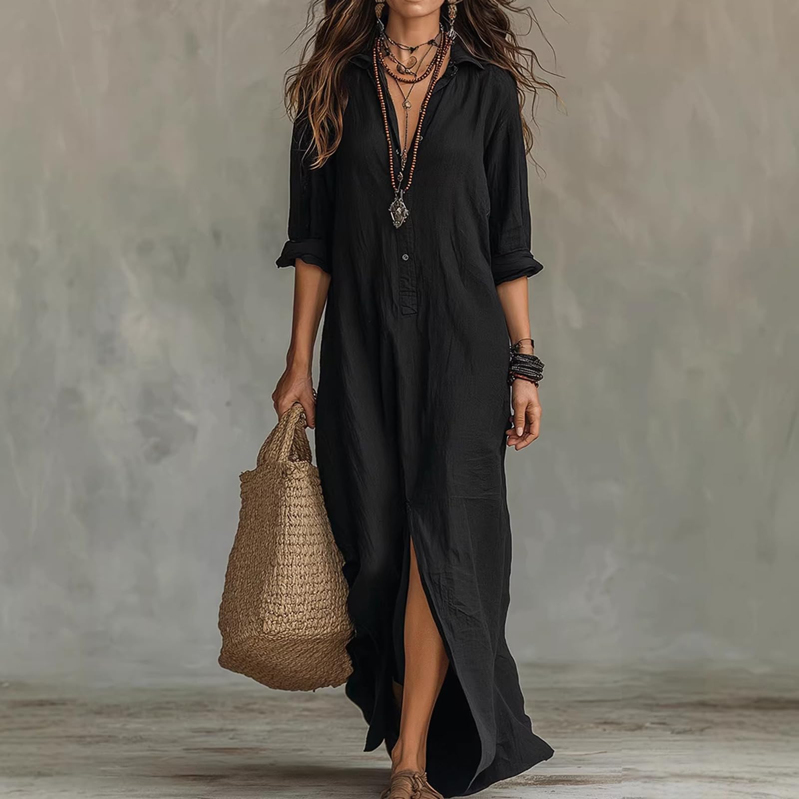 Leinenkleider für Damen, Maxi, langärmelig, Button-Down-Hemdkleid, Damen, lässig, Boho, A-Linie, bodenlang, Strandurlaub, Bürokleider