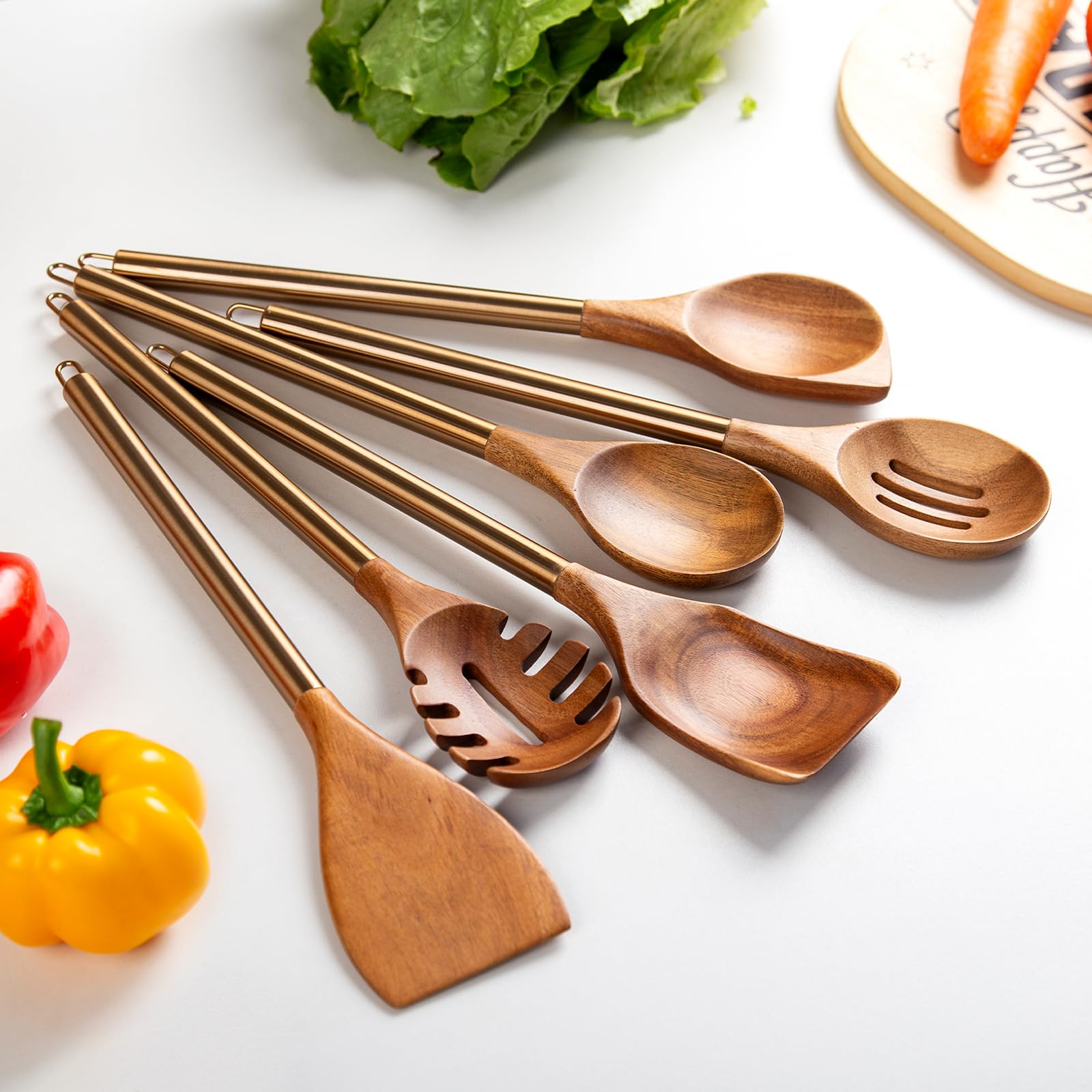 Utensilios de cocina de madera con mango de metal, juego de 6 utensilios de cocina, juego de espátulas de cucharas de madera, utensilios de cocina de 14 pulgadas de largo, espátulas de
