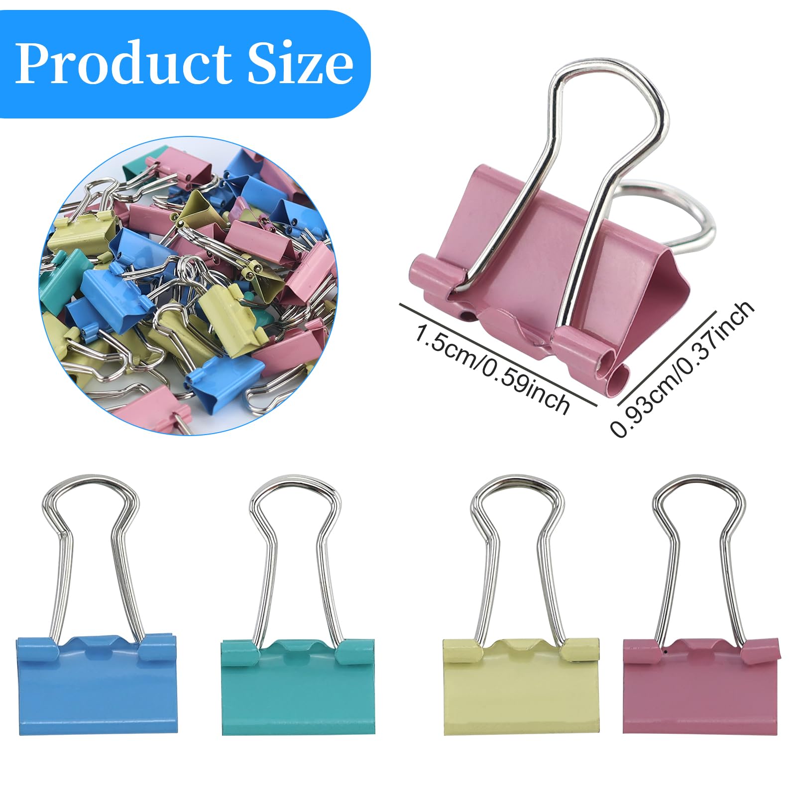 Lot de 60 mini pinces à reliure en métal, petits pinces à bouledogue, pinces pliantes colorées, trombones pour la maison, l'école, le bureau (15 mm