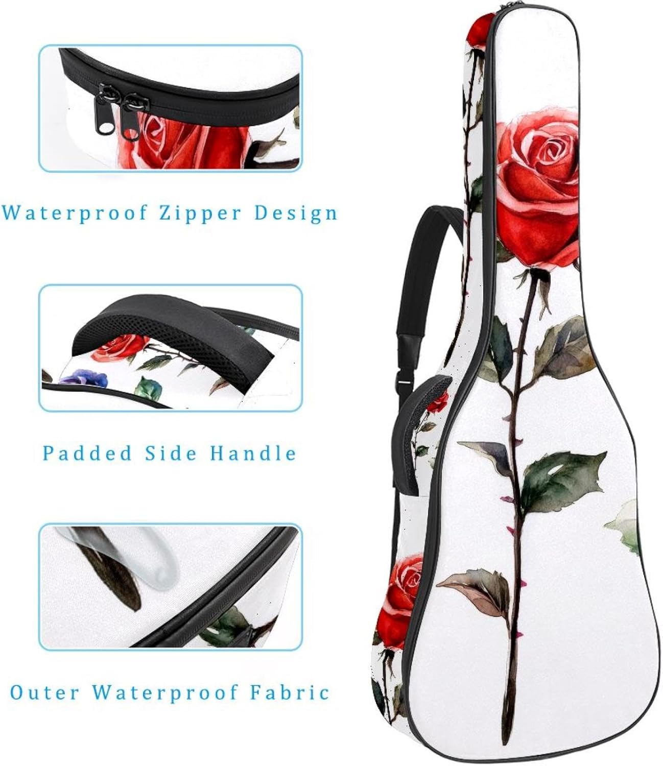 40 41 42 Inch Acoustic Guitar Bag, 0.4 In Thick Sponge Padded Guitar Case Gig Bag with Back Hanger Loop and 2 Pockets, Watercolor Red Rose Flowers