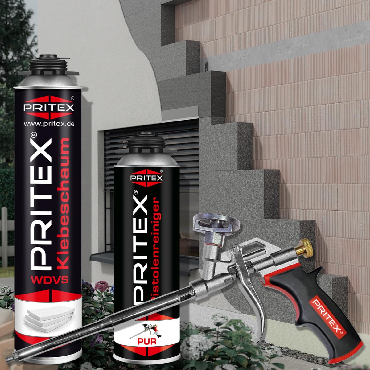 PRITEX - WDVS Klebeschaum Mega Set 12 x 750 ml inkl. Schaumpistole und Reiniger zum Isolieren, Fixieren & Befestigen /// Bauschaum Dämmstoffkleber mit sehr guter Haftung