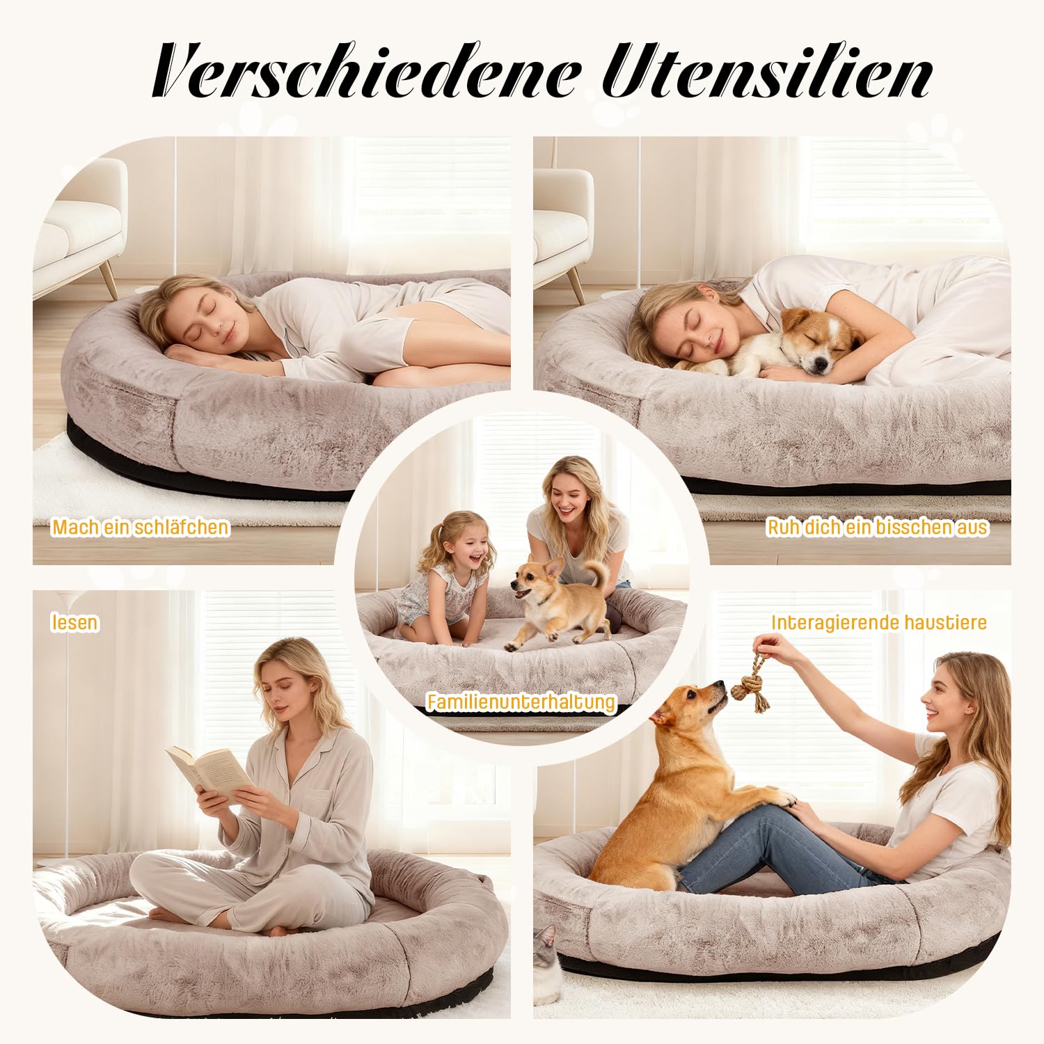 FURRYFECTION 180x114x35,6cm Menschlich Waschbar Kamel Hundebett | Geeignet für Erwachsene und Haustiere Kunstfellbezug mit Decke und Kissen komfortables Nickerchenbett