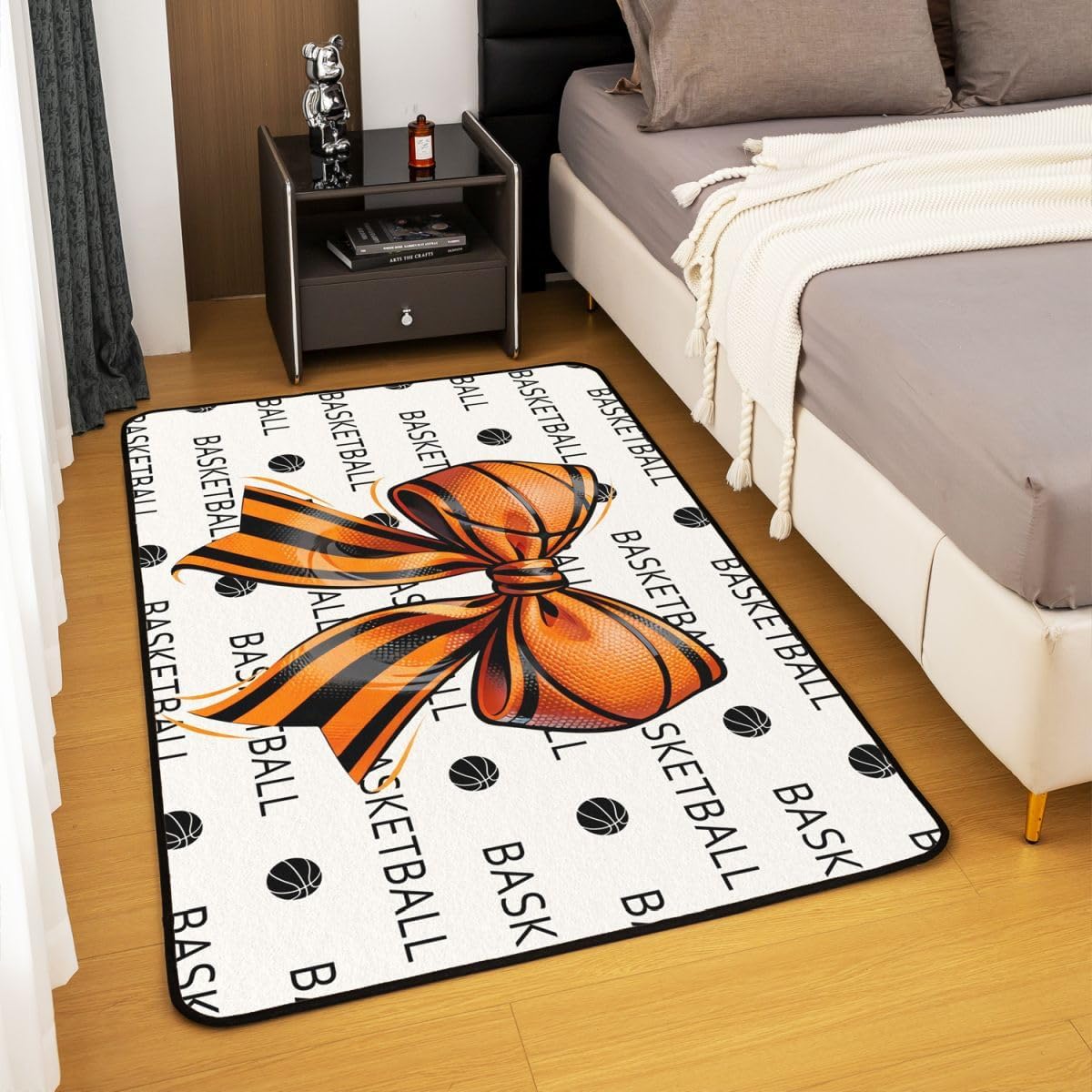 Castle Fairy Basketball Bowknot Area Rug 3'x5'x0.39'' for Bedside,Cartoob Ball Letter Pattern Home Mat for Playroom Office,Boys Teens Sport Lover Indoor Floor Area Rugs Washable Rug