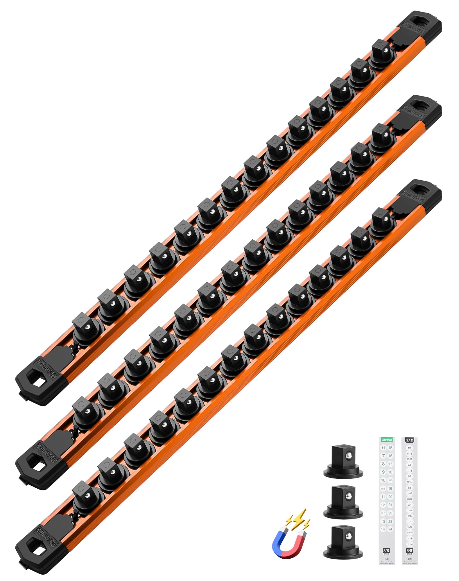 ALOANES Magnetic Socket Organizer, 3/8" Rail 42 Clips (Orange, 3PC)