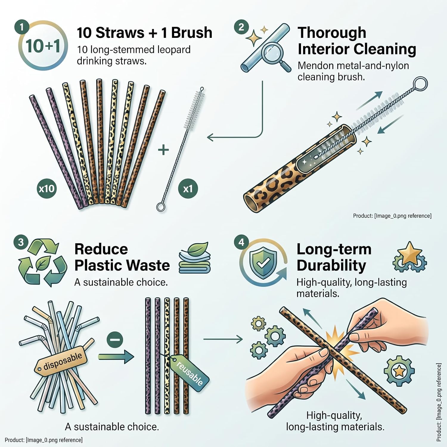 Leopard Print Reusable Straws 10 Pack Hard Plastic 9.05in (Brown)