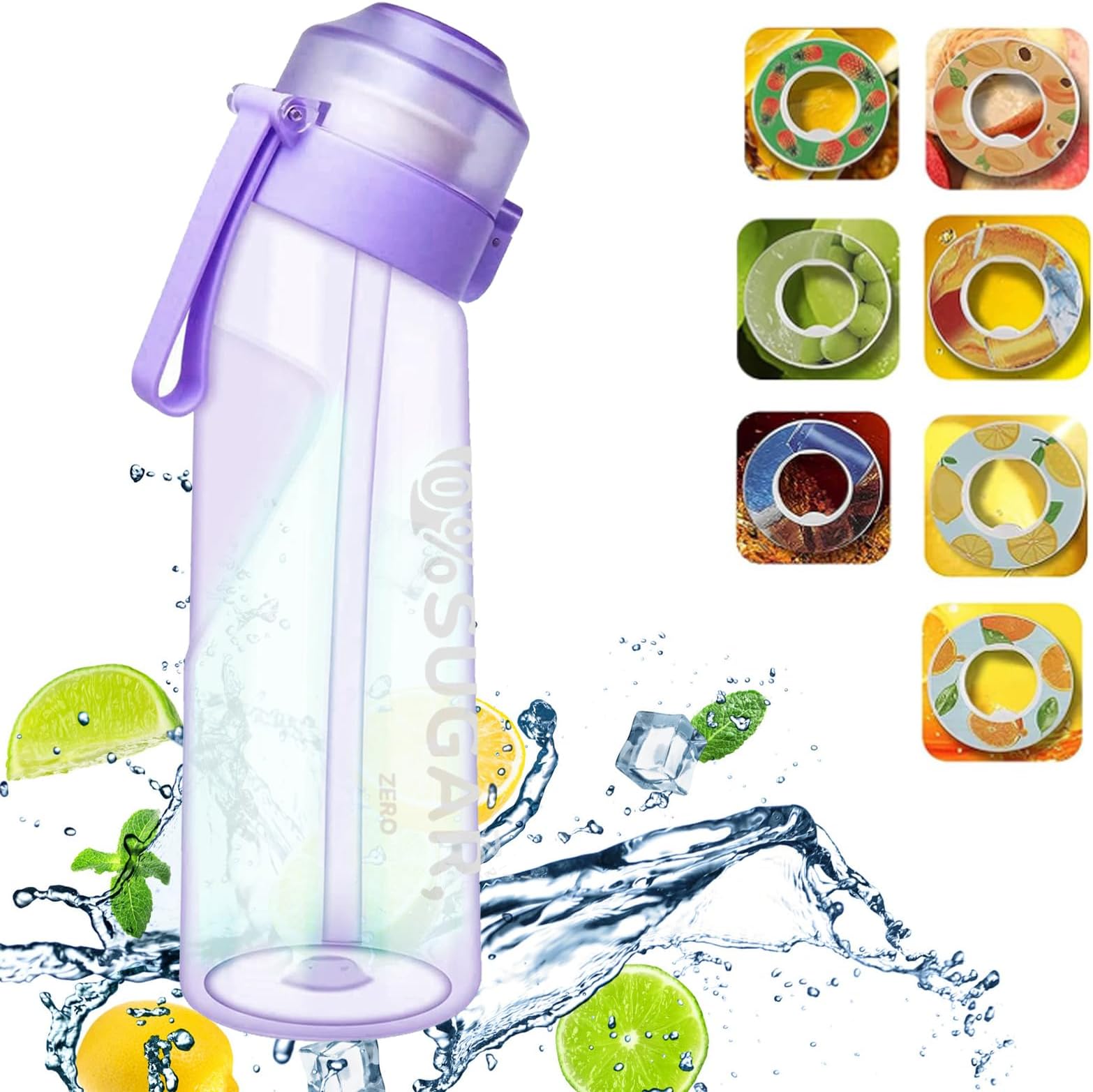 AozebreSports Water Bottle with 7 Flavour Pods and Straw, 650ML Fruit Fragrance Water Bottle, 0 Sugar, 0 Calorie, BPA Free, Drinking Bottles Suitable for Fitness Outdoors - Purple