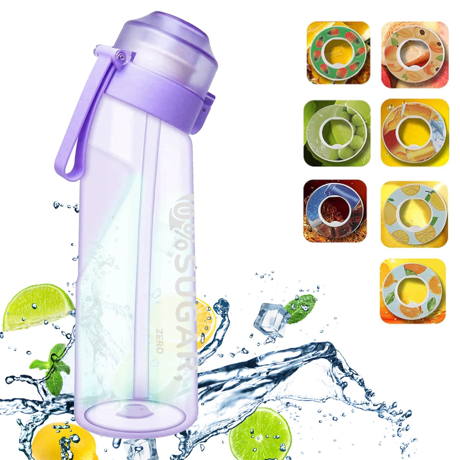 AozebreSports Water Bottle with 7 Flavour Pods and Straw, 650ML Fruit Fragrance Water Bottle, 0 Sugar, 0 Calorie, BPA Free, Drinking Bottles Suitable for Fitness Outdoors - Purple