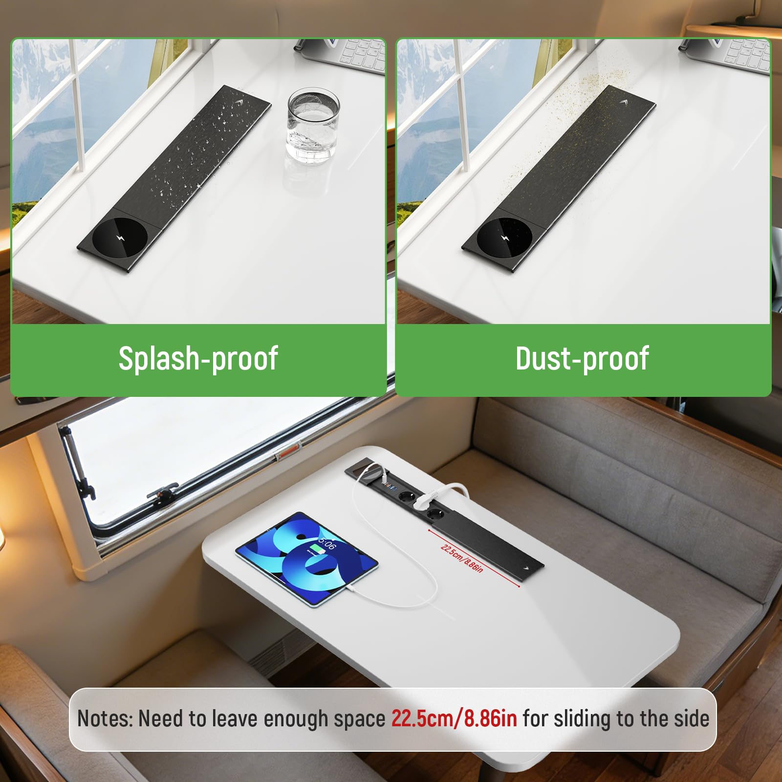 Listwa zasilająca z 3 gniazdami USB C PD20 W, do zabudowy, z USB i bezprzewodową ładowarką 15 W, metalowa pokrywa, wpuszczane gniazdko, do kuchni, biura, czarna, kabel 2