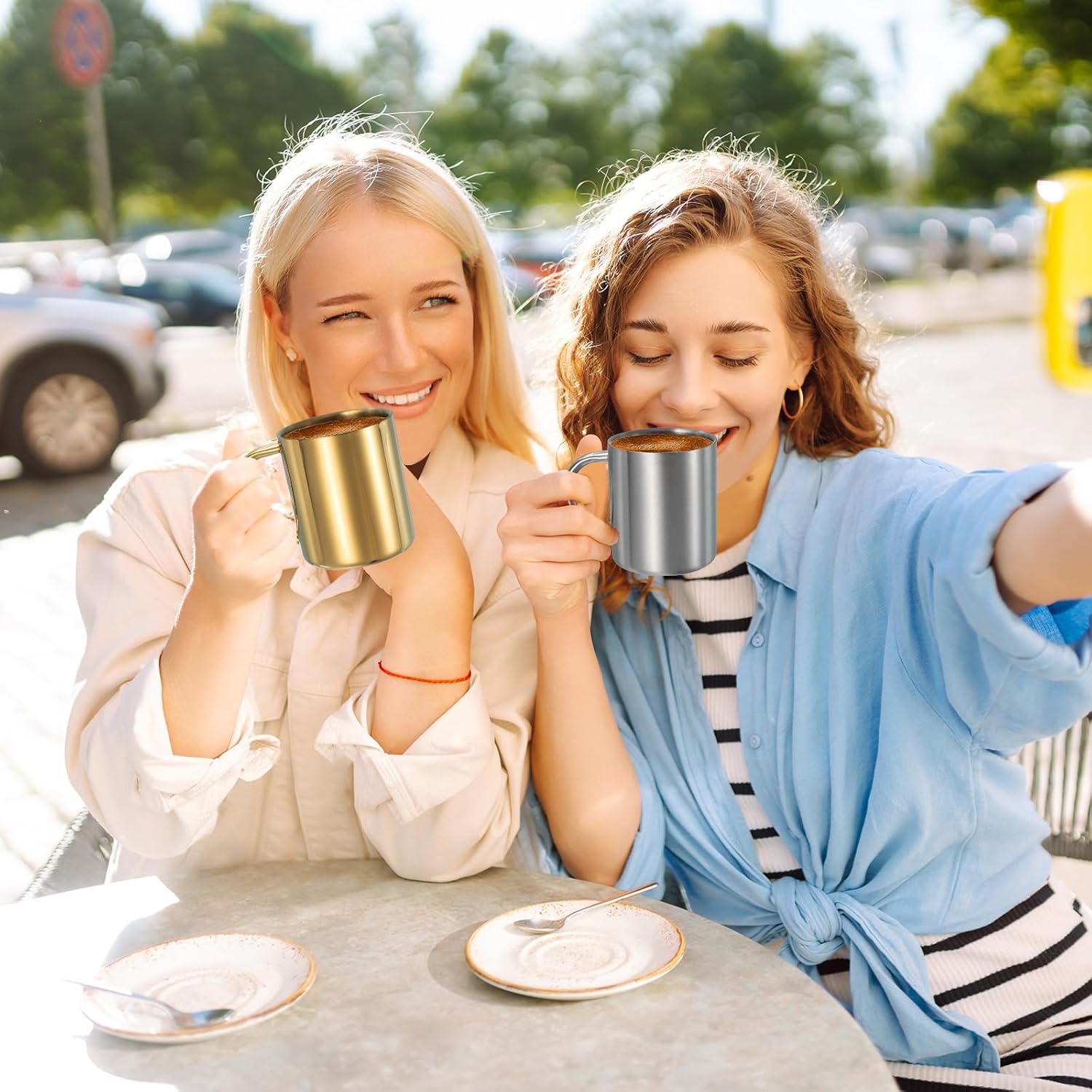 uxcell 2Pcs Stainless Steel Coffee Mugs, 14 Ounces Metal Double Walled Travel Camping Tea Coffee Mugs with Handles for Coffee, Milk, Juice, Tea, and Cold or Hot Drinks (Gold) - Image 6