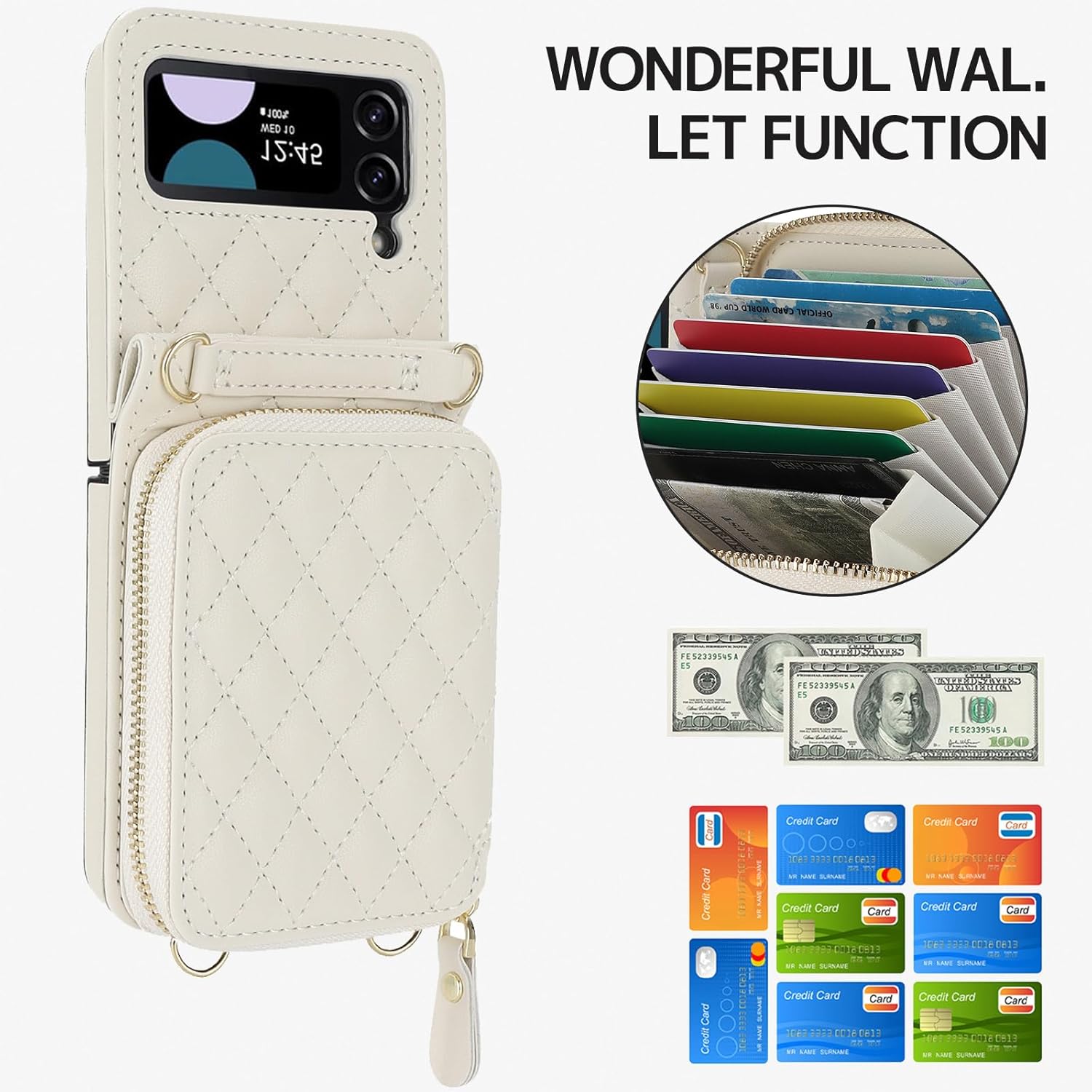 Ninki Compatible Samsung Galaxy Z Flip 4 Case with Card Holder, Shockproof PU Leather Crossbody Lanyard Cover Protective Strap for Galaxy Z Flip 4, Women's White