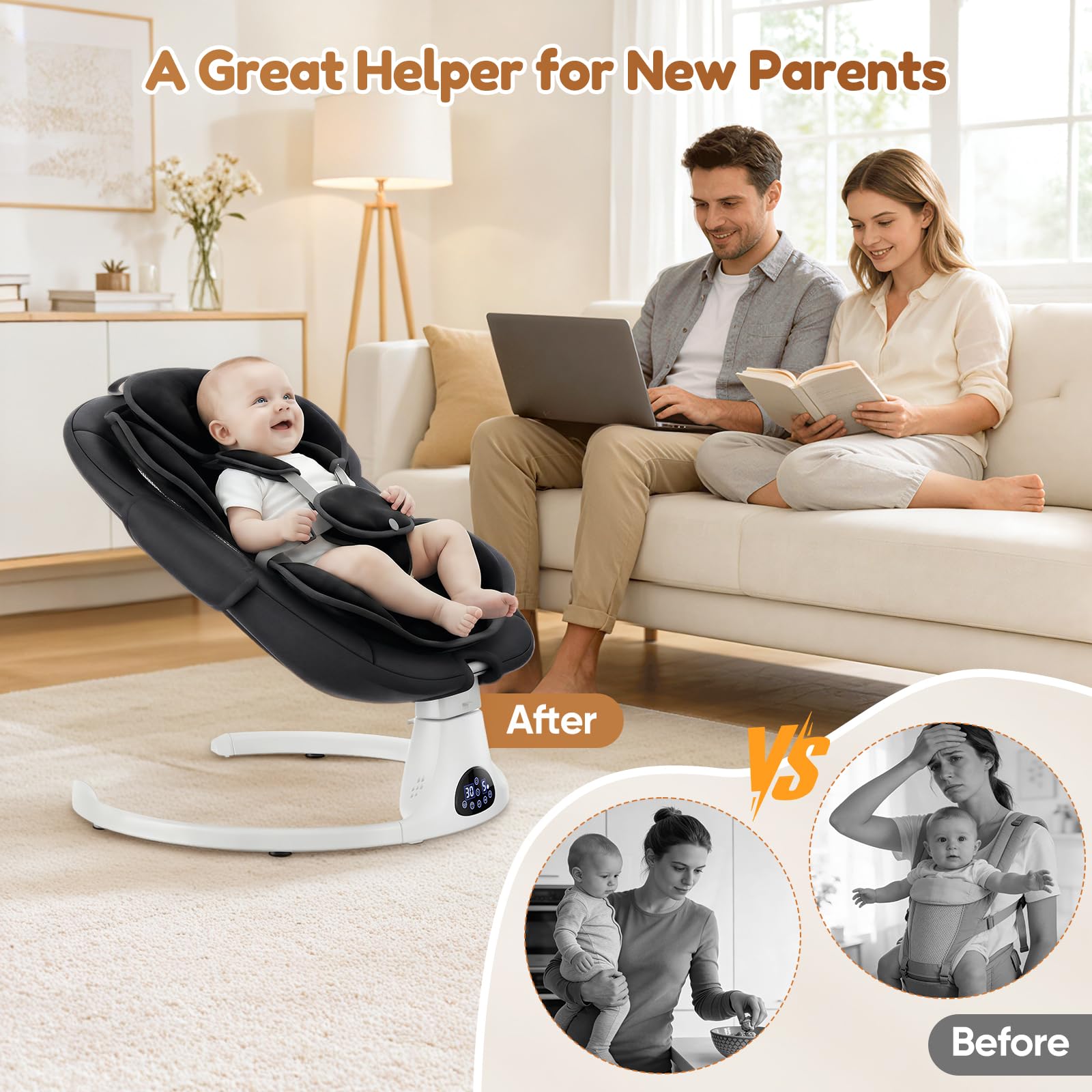 Sillón Mecedor Eléctrico Bebé 0-9 Meses con Música, 5 Velocidades, Arnés 5 Puntos, 3 Ángulos de Inclinación, Control Remoto, Mosquitera Extraíble – Hamaca eléctrica Bebe para Recién Nacidos (Negro)