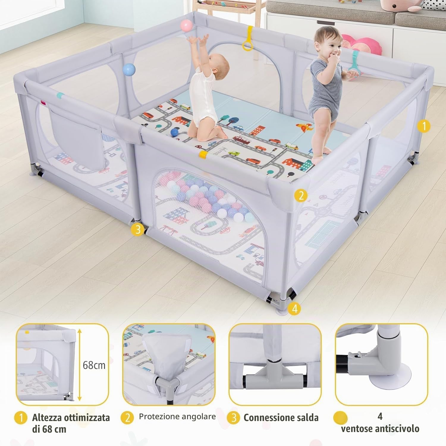 FANTASK Box per bambini pieghevole con materasso 189 x 158 cm, box con 50 palline e 4 maniglie (grigio chiaro)