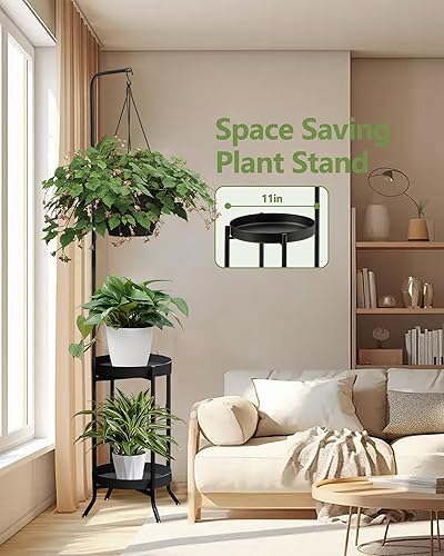 Miniatura 3 de Soporte para plantas colgantes para interiores y exteriores, estante esquinero de metal para 3 macetas, 2 niveles de 61 pulgadas de alto, moderno