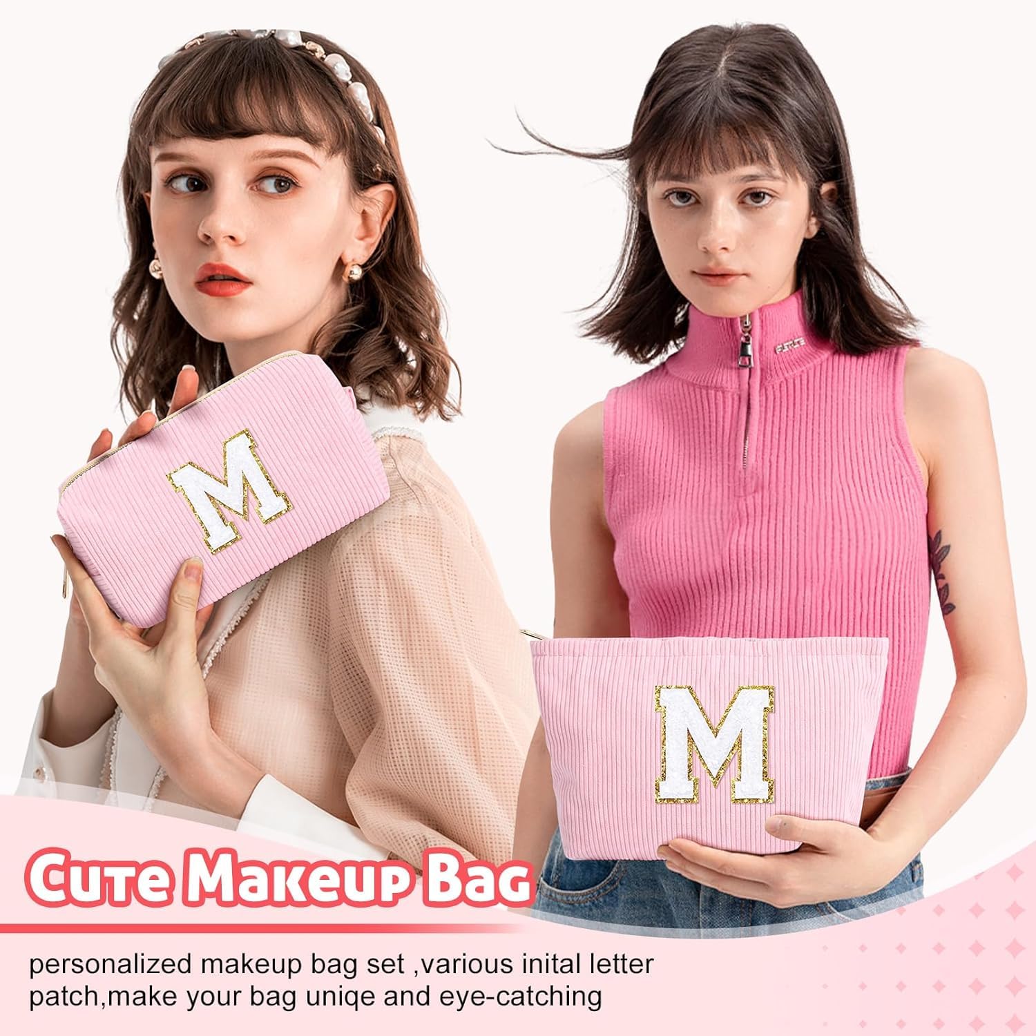 2 Pezzi Borsa per Cosmetici Donna, Iniziale Pochette Trucchi Viaggio, Trousse Trucchi Organizer, Grande Rosa Beauty Case, Regalo Amica Compleanno Regalo Migliore Amica Donna Natale Laurea(M)