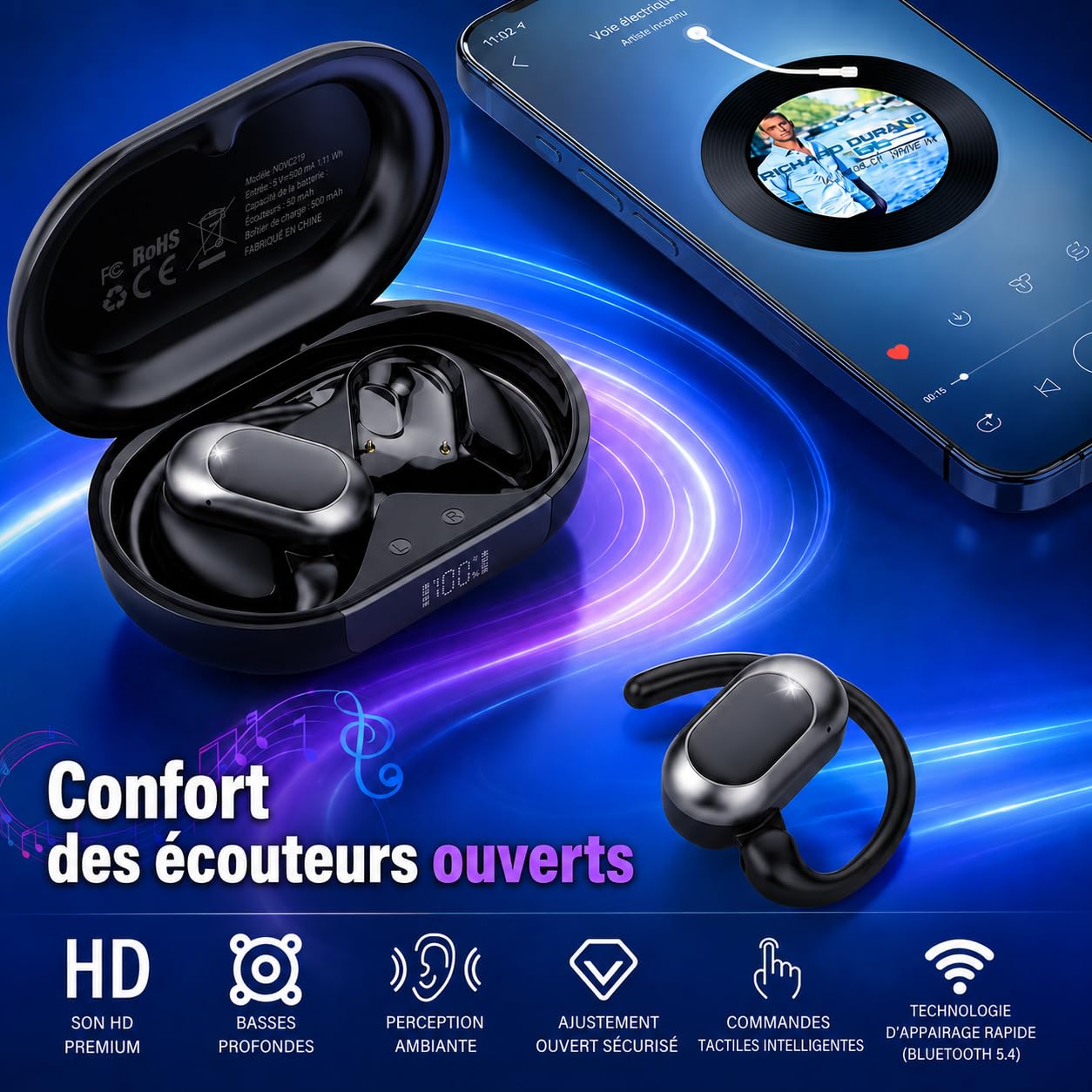 Écouteurs Bluetooth sans Ouverts, 2026 HiFi Écouteurs Bluetooth 5.4 à Conduction Aérienne, Oreillette sans Fil Sport avec 4 ENC Mic, IP7 Étanche Oreillette Bluetooth Android/iOS
