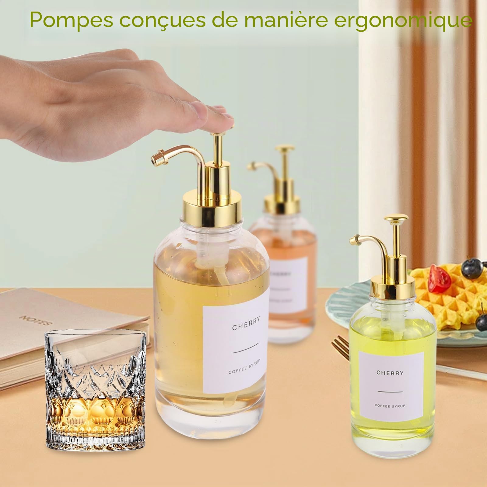 DAJAVE Lot de 2 distributeurs de sirop de café de 500 ml avec étiquettes et entonnoir, distributeur de sirop de café, bouteilles en verre pour organiser l'huile, le vinaigre, le savon, les liquides