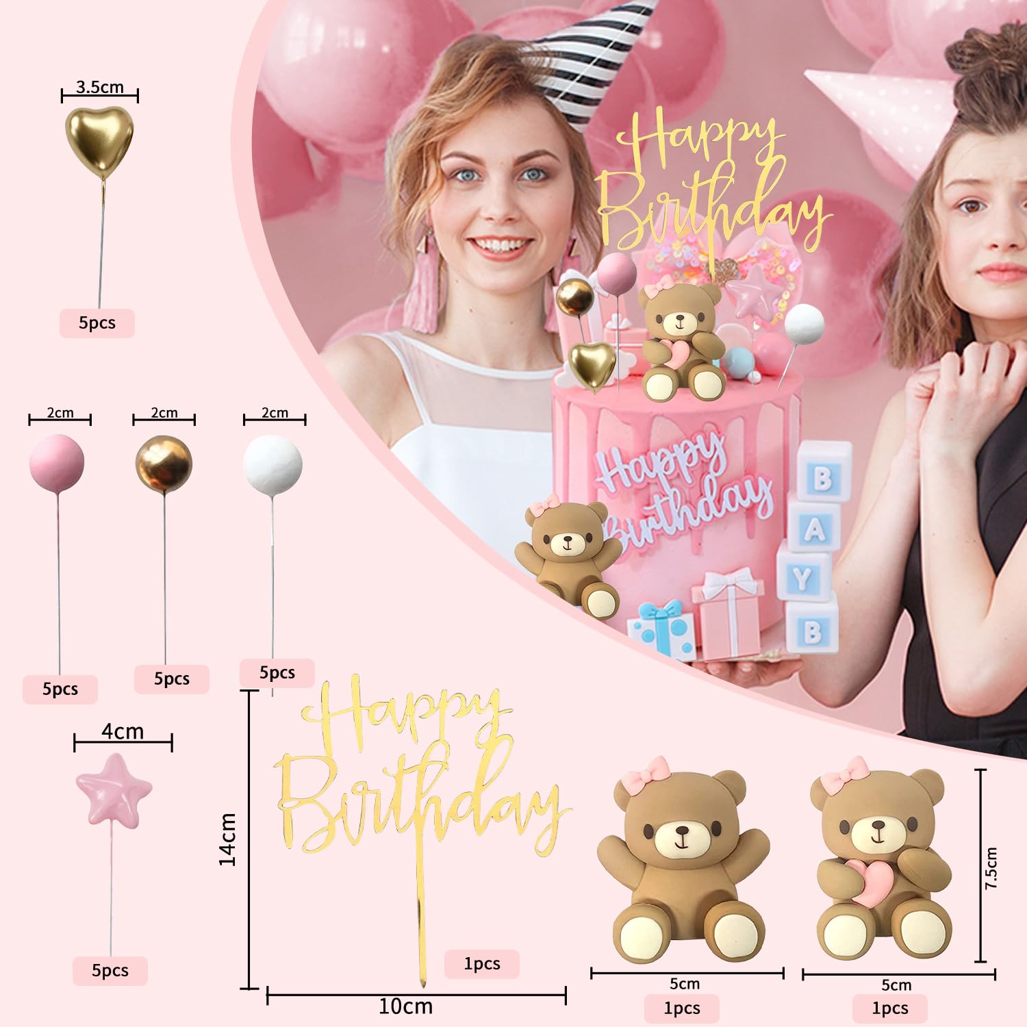 YHUIKXIN 31 Stuks Roze Taartdecoratie Teddybeer Verjaardag Babyshower