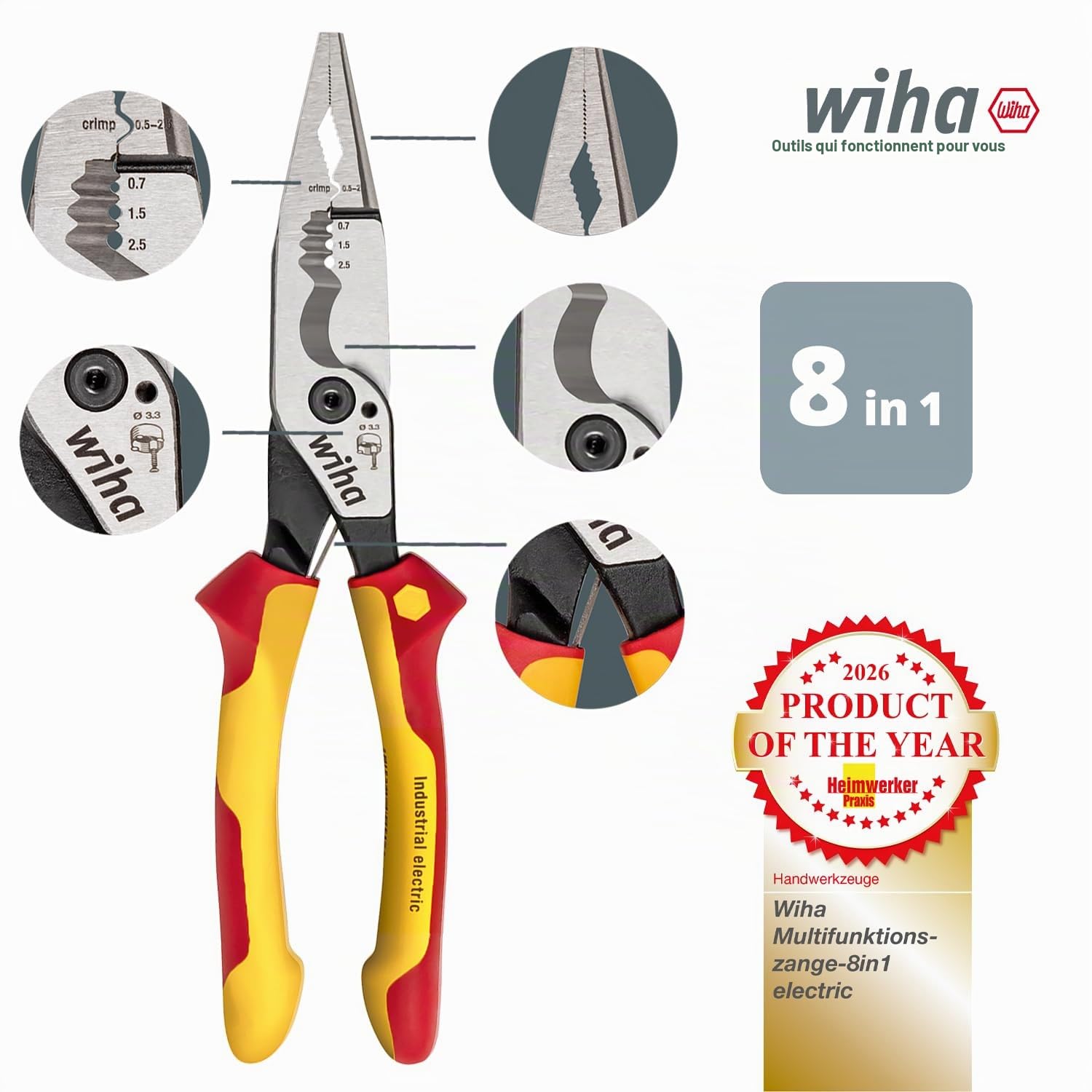WIHA WERKZEUGE GMBH Alicates multifunción Industrial 8en1 electric con resorte de apertura acoplable y desacoplable