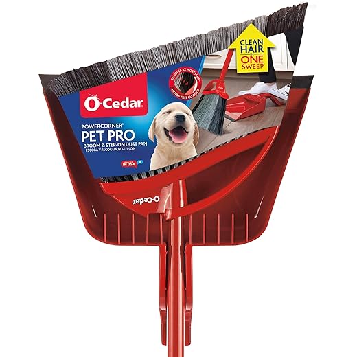 O-Cedar Pet Pro Broom & Step-On Dustpan PowerCorner, Red