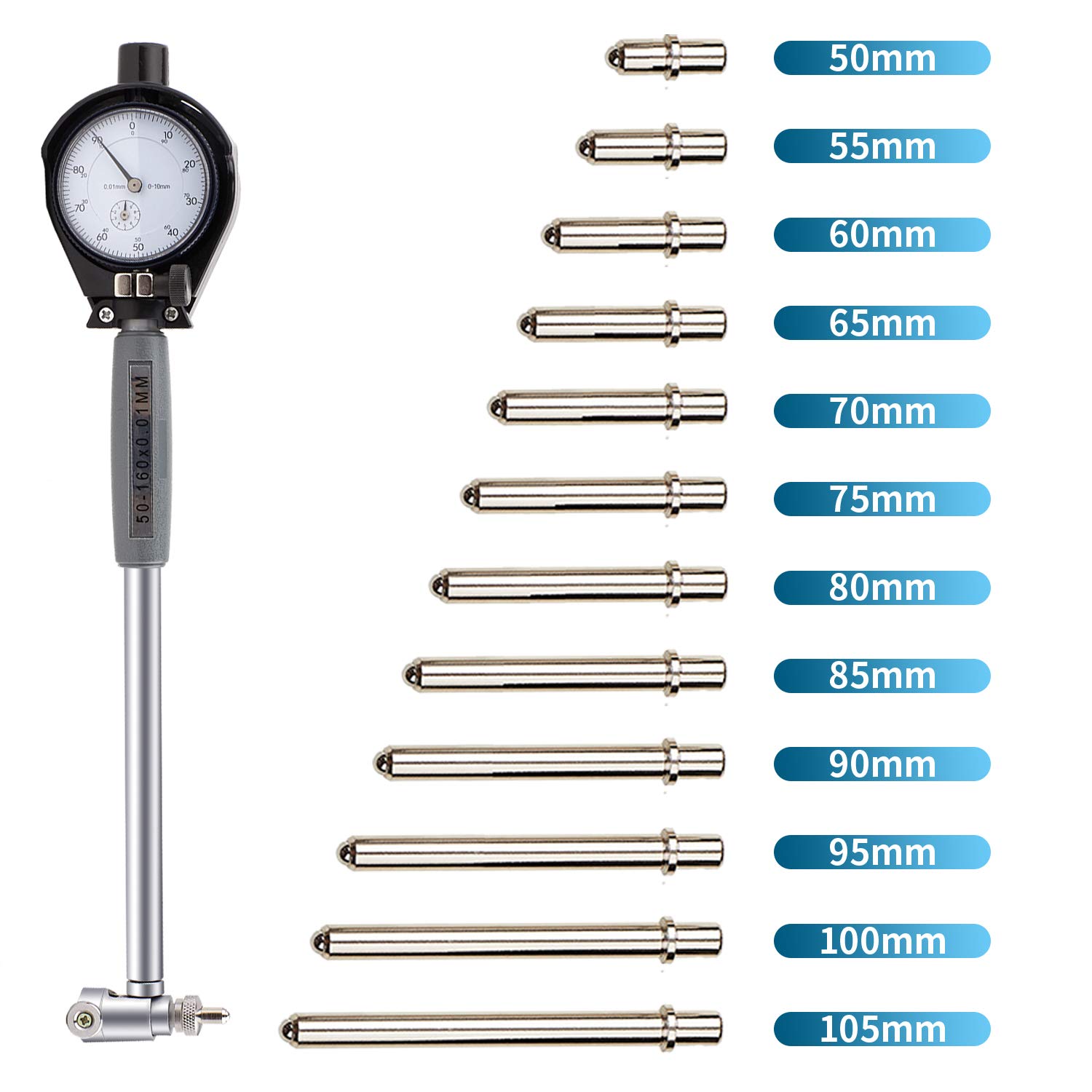Set di calibri per quadrante extender 50-160MM （1.97"-6.23"） Indicatore 0,01MM (0.0003") Risoluzione Strumento cilindro misura interno