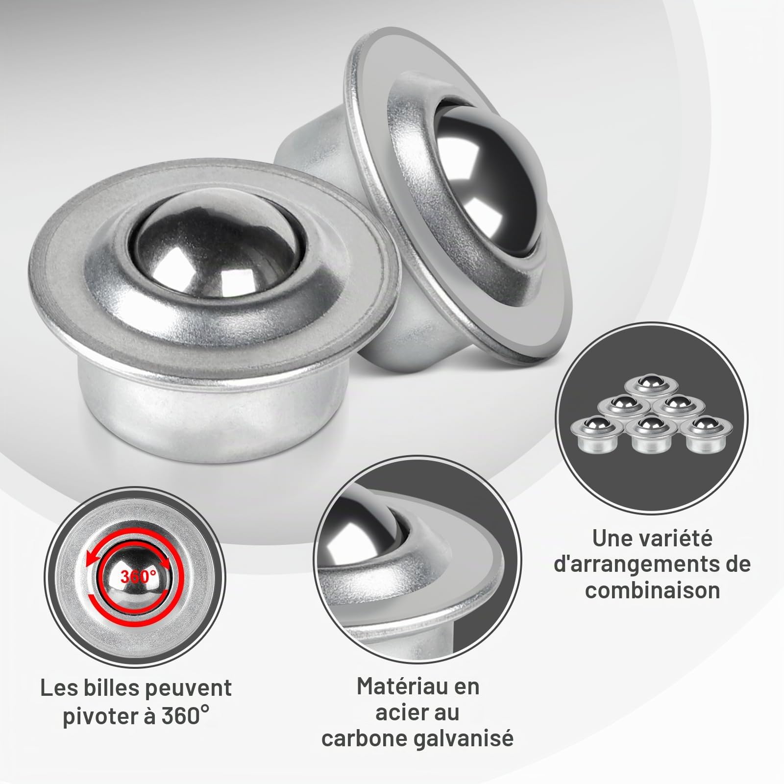 CPROSP 12x Roulettes de Transfert avec Roulement à Billes, Roulettes à Billes pour Meubles, Roulettes à Billes de Transfert et en Acier Inoxydable, Rotation à 360 Degrés, pour Meubles