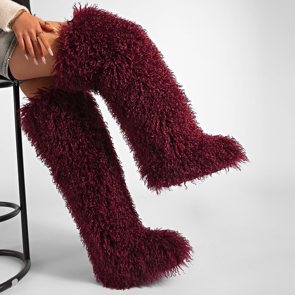SWEETHEART BEAUTY Thigh High Shagy Teddy Fur Boots, 29 Inch Over the Knee Length Fluffy High Boots, Tall Furry Shoes For Women