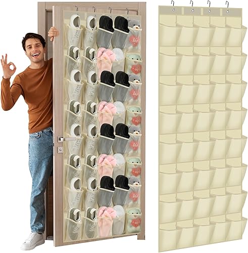 Miniatura 14 de Windyun Organizador de zapatos para colocar sobre la puerta, 40 bolsillos grandes de malla transpirable, para colgar zapatos para armario, soporte