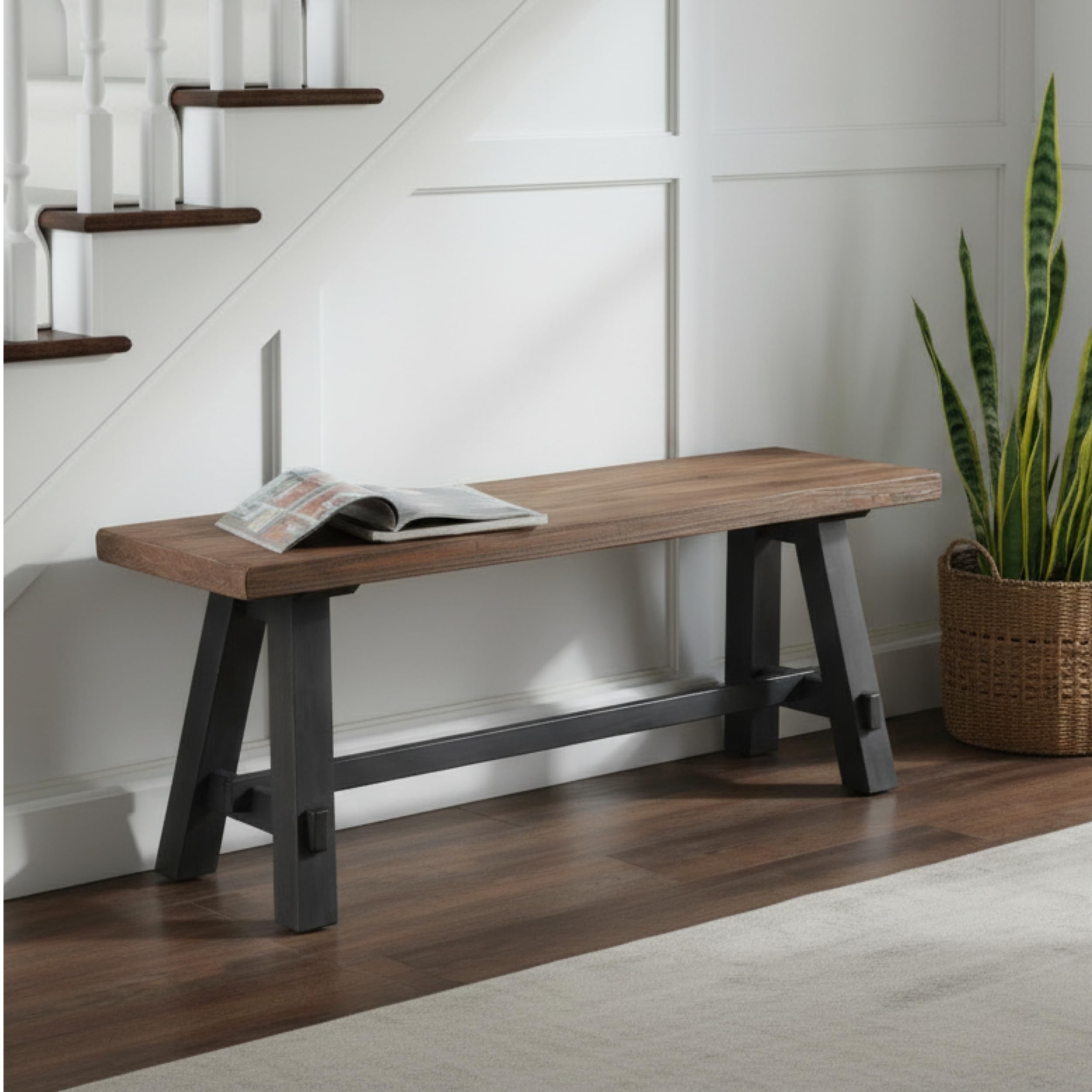 Adam 48-Inch Rustic Industrial Solid Wood Entryway Bench with Distressed Black Sawhorse Legs – Sturdy Accent Seating for Living Room, Mudroom, Dining Room, and Laundry Room by Alaterre Furniture