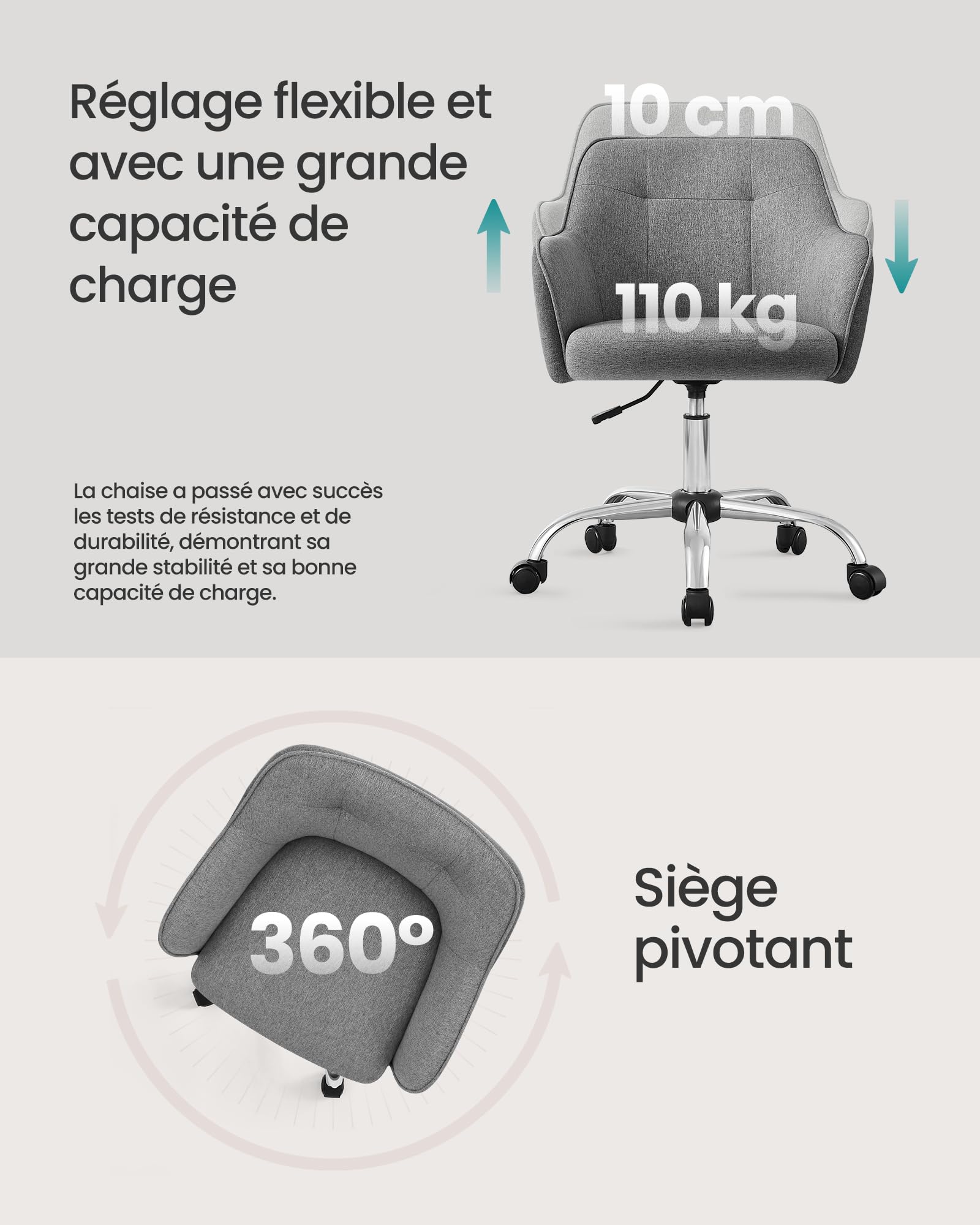 SONGMICS Chaise de Bureau, Fauteuil Ergonomique, Siège Pivotant, Réglable en Hauteur, Capacité 110 kg, Cadre en Acier, Tissu en Coton-Lin Respirant, pour Bureau, Chambre, Gris OBG019G01