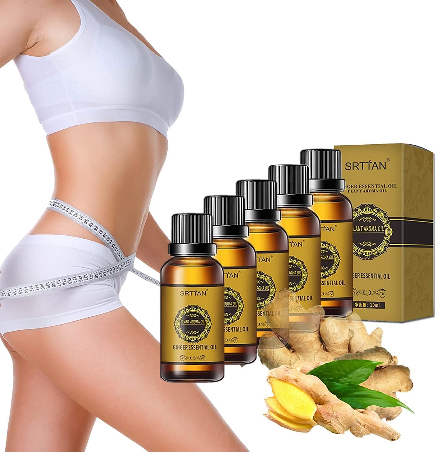 (5 Bottles) Aginger Oil, bdominal Draining Ginger Oil, Lymphatic Draining Ginger Oil, Curves Natural Organic Draining Ginger Oil Essence Relaxing Body Massage Oil (10ML)