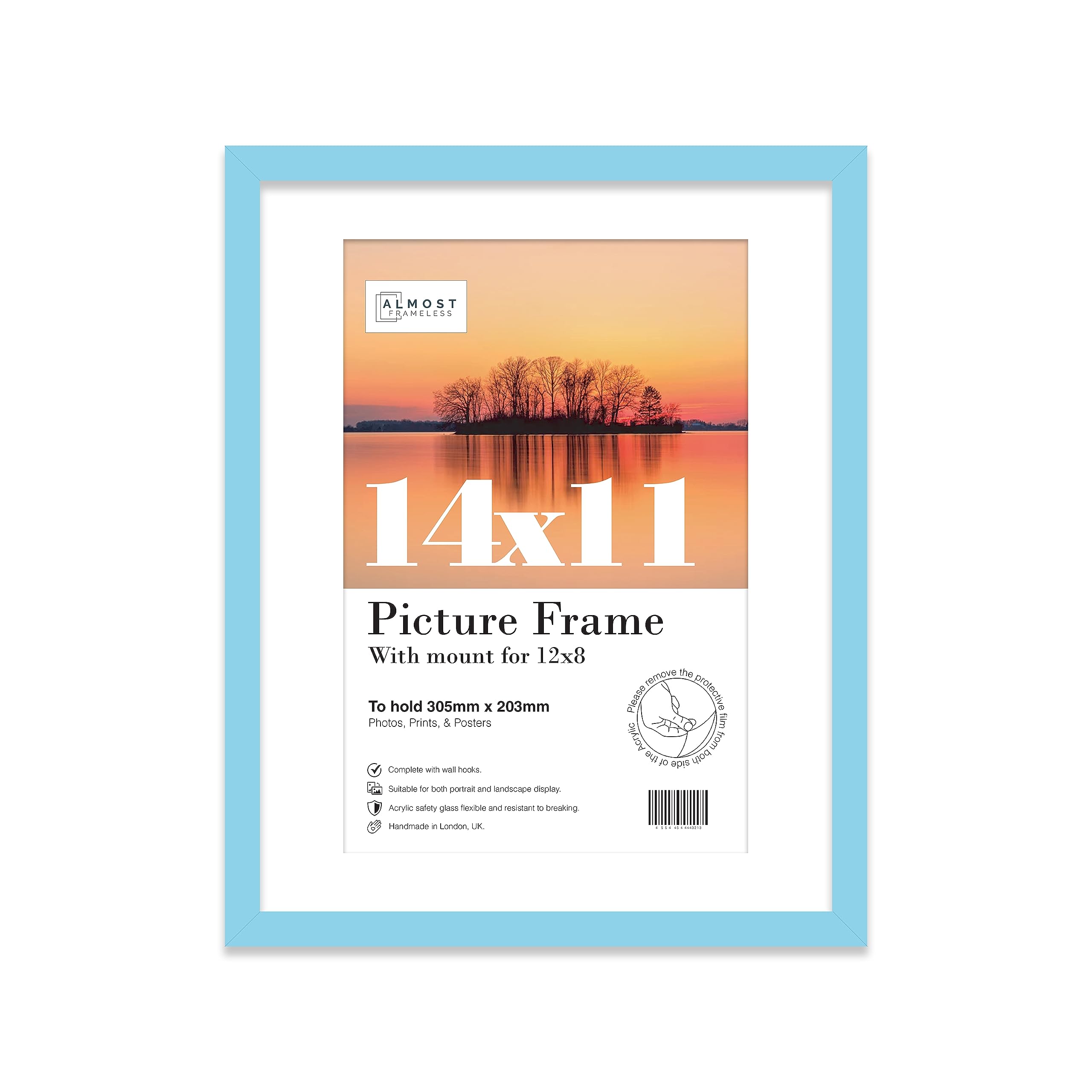 Almost Frameless 14x11 Light Blue Picture Frame With Mount for 12x8 Print, Poster or Photo Poster, Photo, Artwork, or Print. Thin Edge Slim Frame Portrait and Landscape Display with Wall Hooks